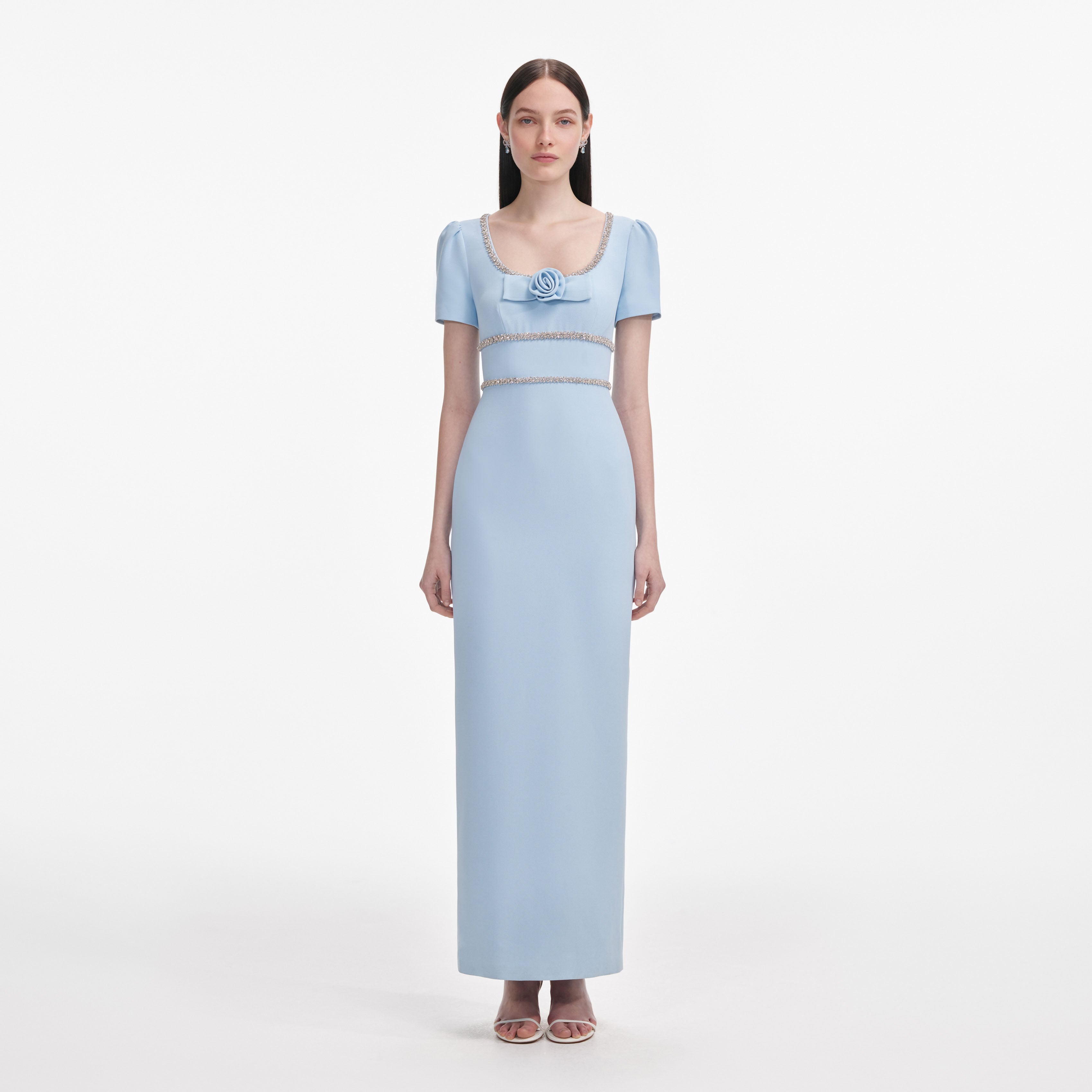 Blue Crepe Crystal Trim Maxi Dress