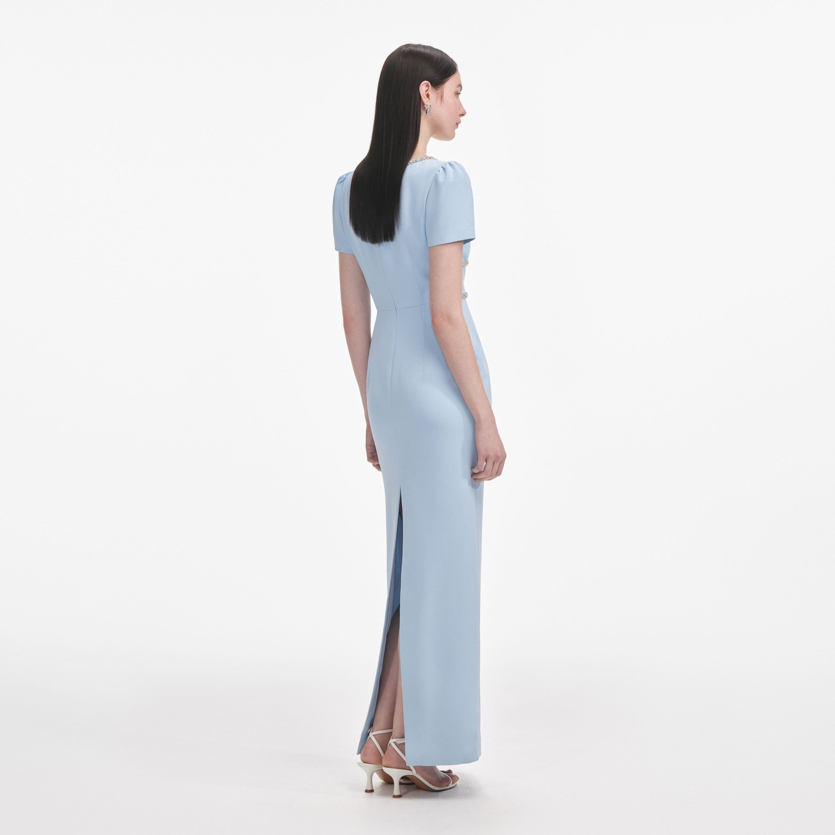 self portrait blue chiffon maxi dress Blue Crepe Crystal Trim Maxi Dress – self-portrait-US