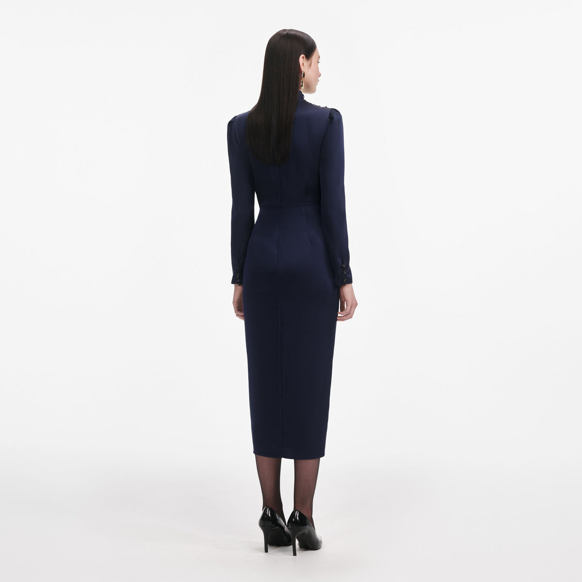 Navy Satin Midi Dress – self-portrait-US