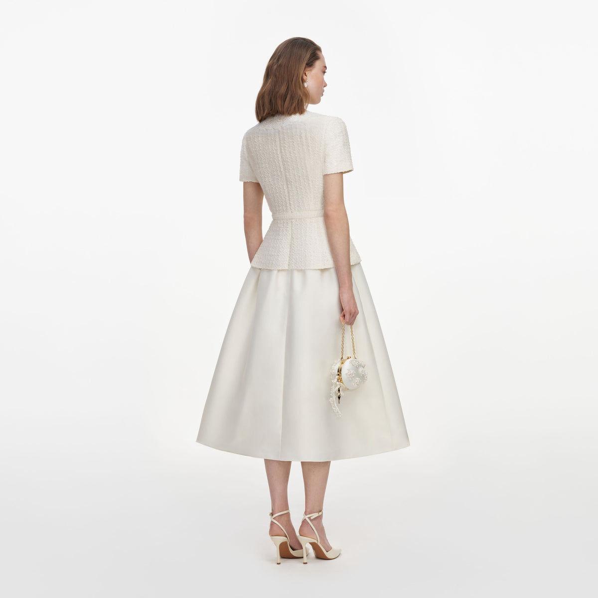 self-portrait - Cream Boucle Taffeta Midi Dress
