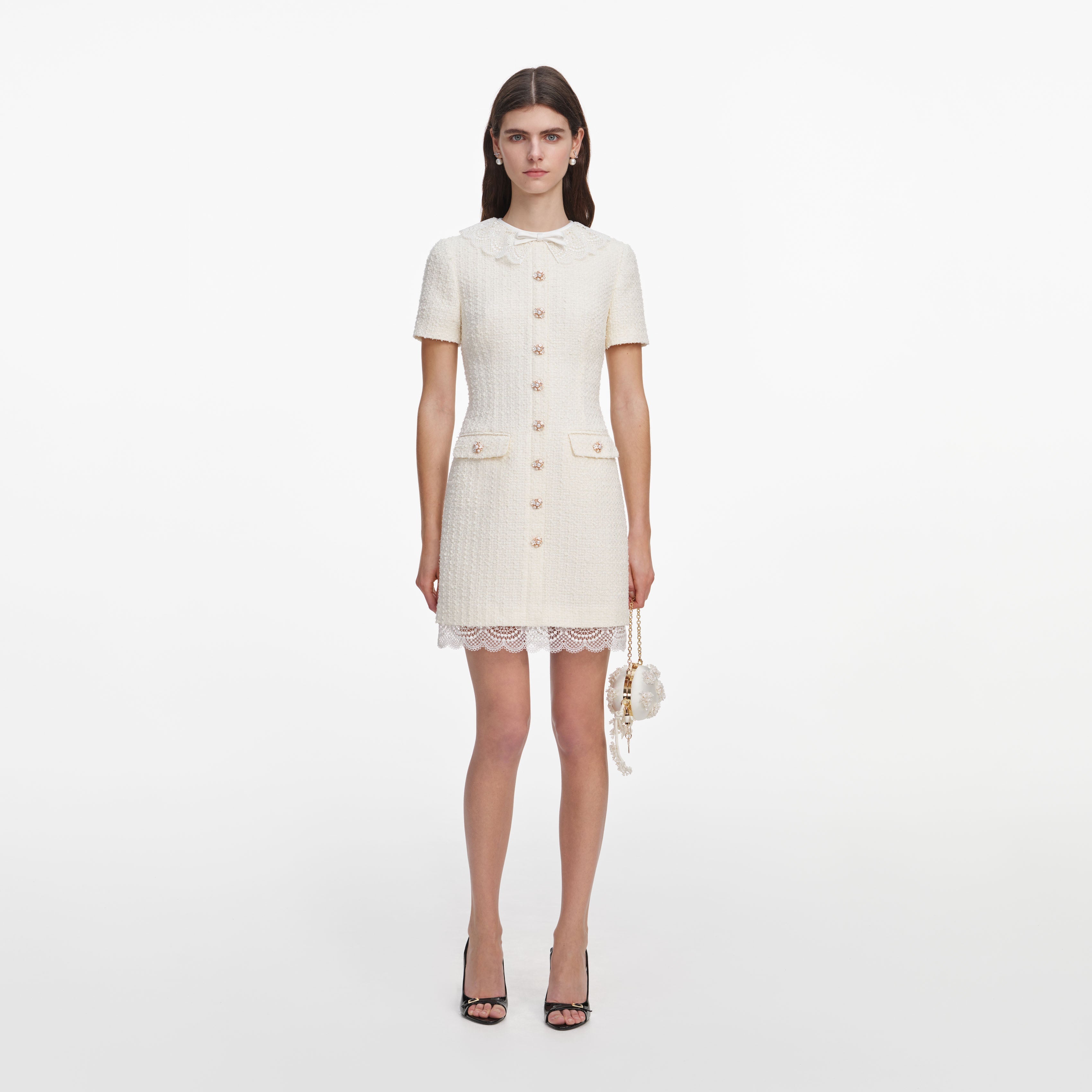 Cream Boucle Lace Trim Tailored Mini Dress