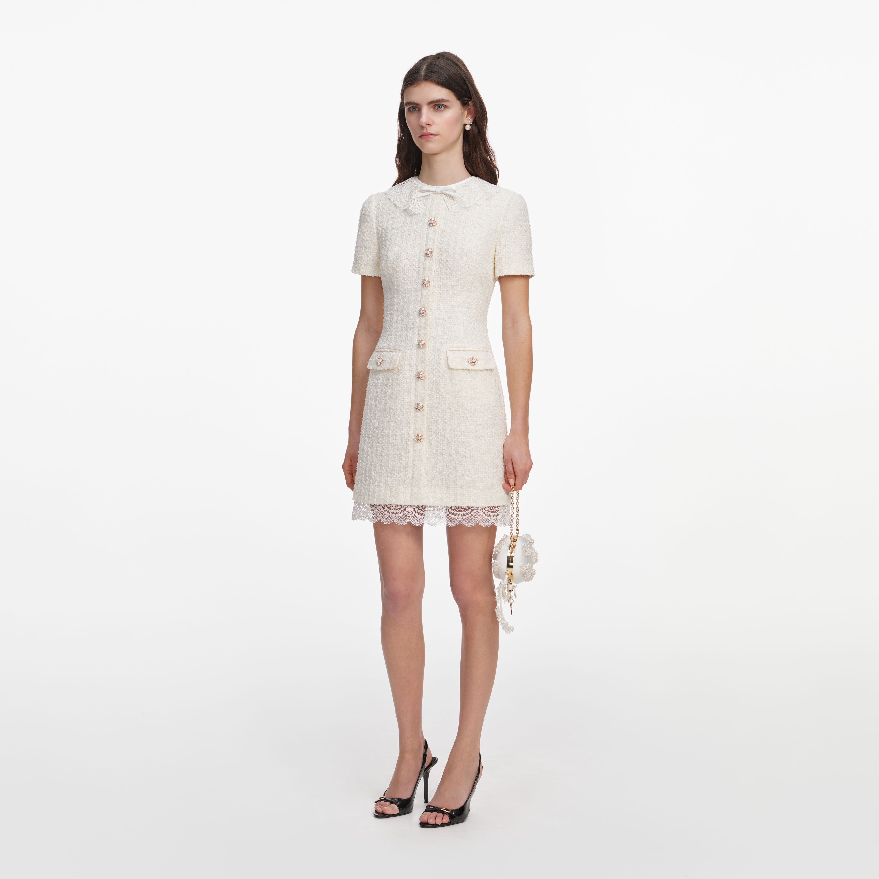 Cream Boucle Lace Trim Tailored Mini Dress