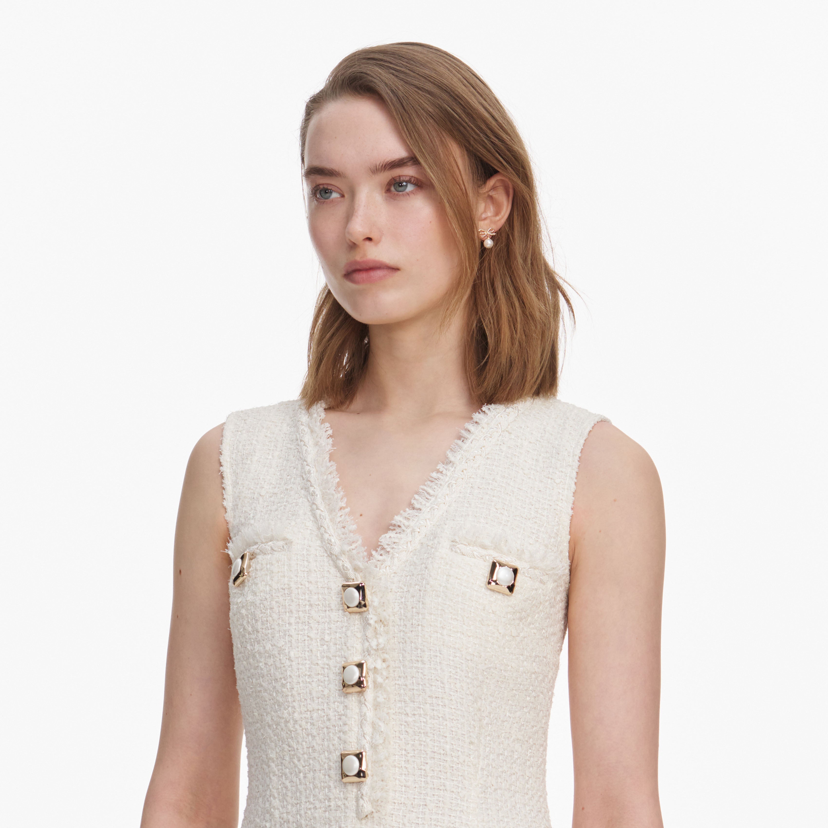 Cream Sleeveless Boucle Mini Dress