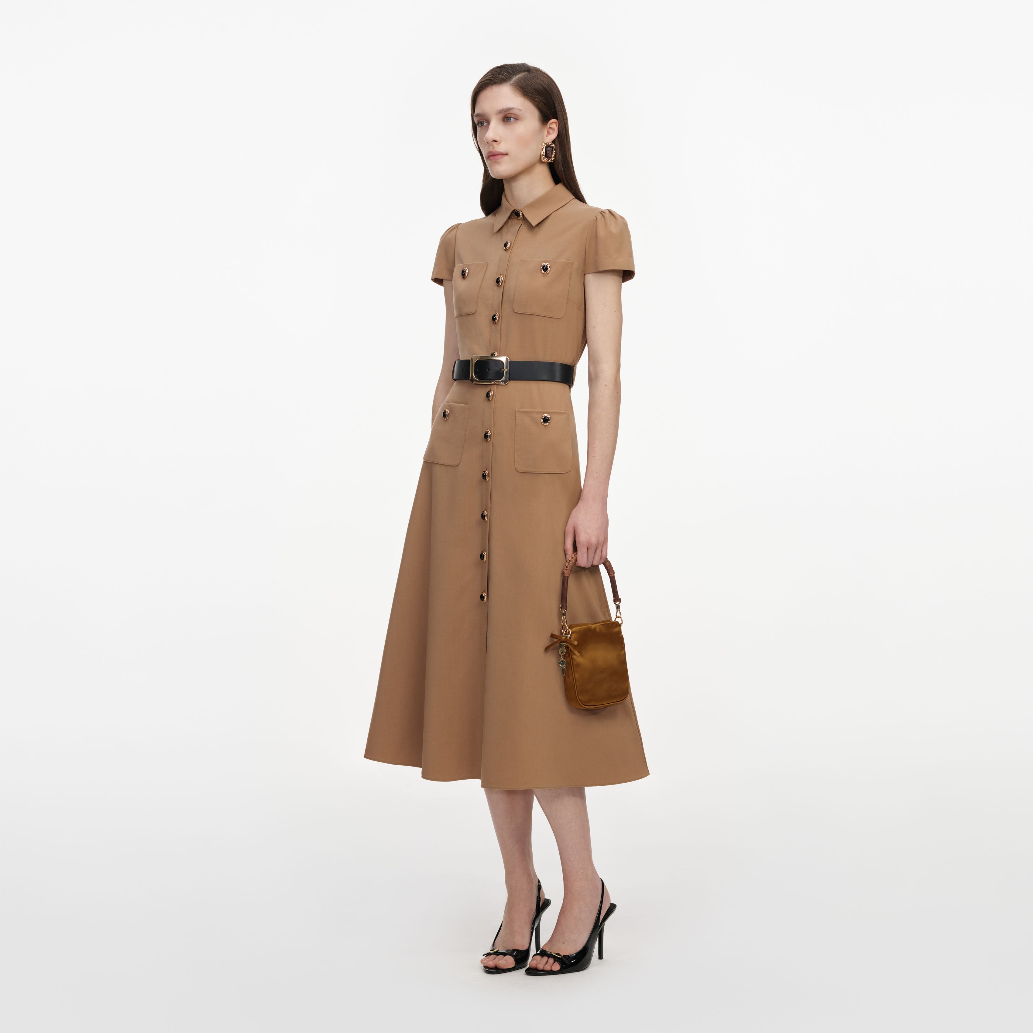 Tan Twill Belted Midi Dress
