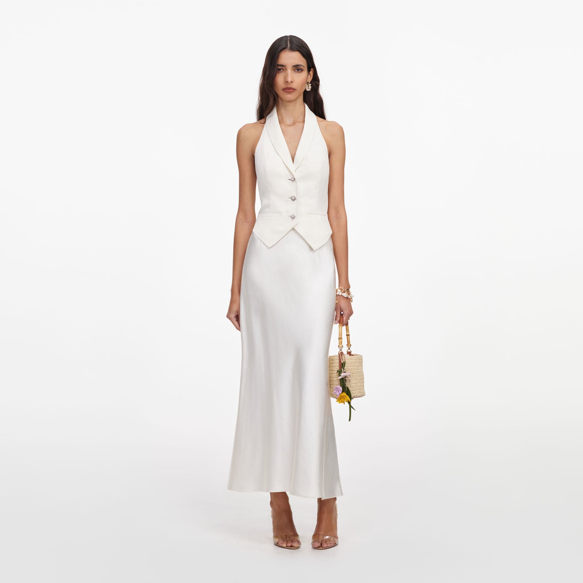 Front view of a woman wearing the Cream Linen Blend Satin Midi Dress