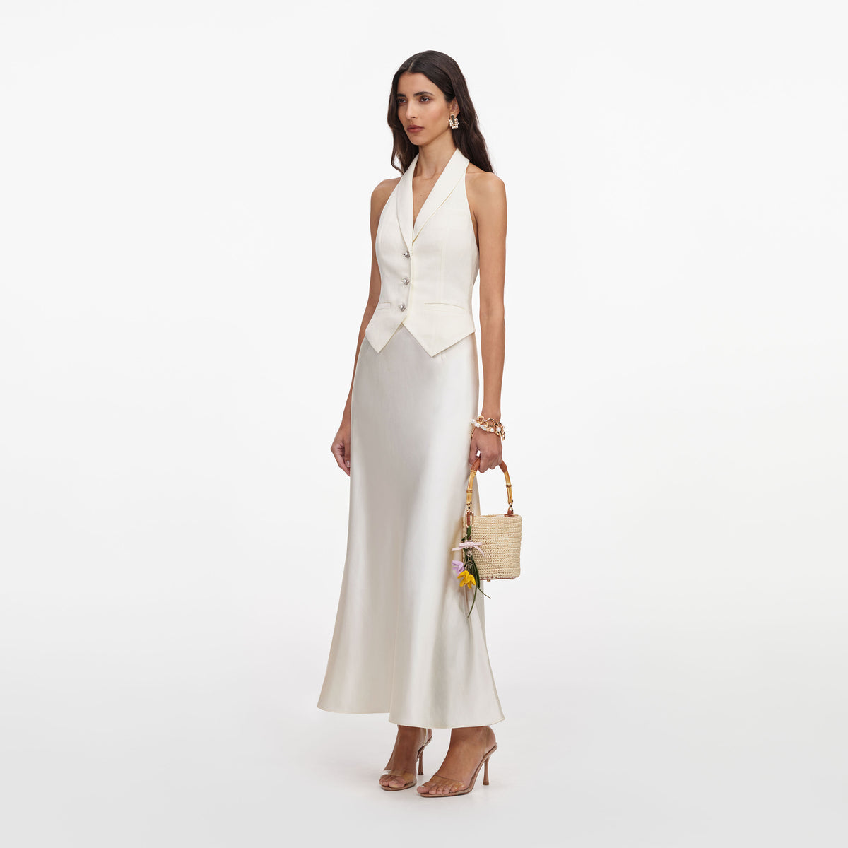 self-portrait - Cream Linen Blend Satin Midi Dress