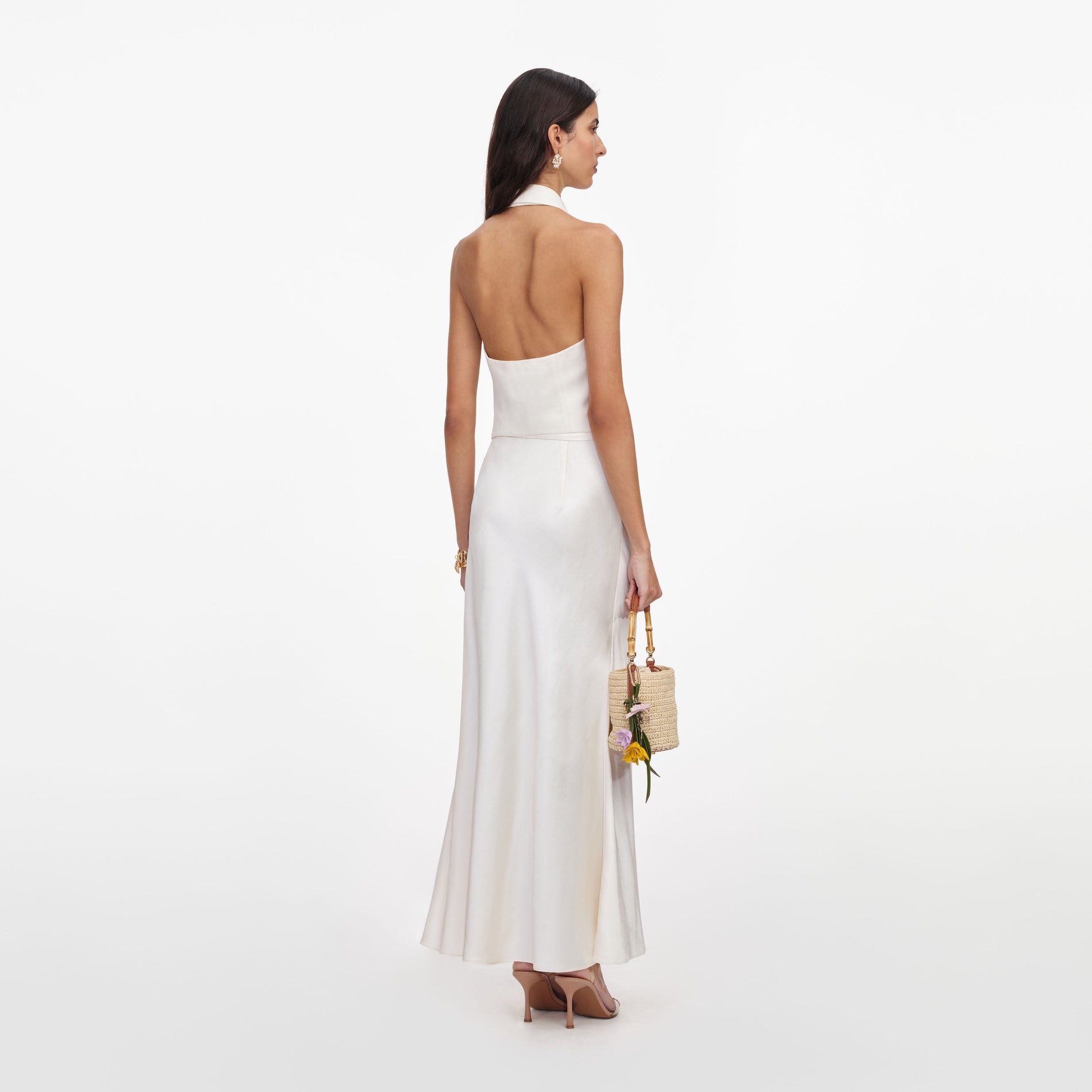 Back view of a woman wearing the Cream Linen Blend Satin Midi Dress