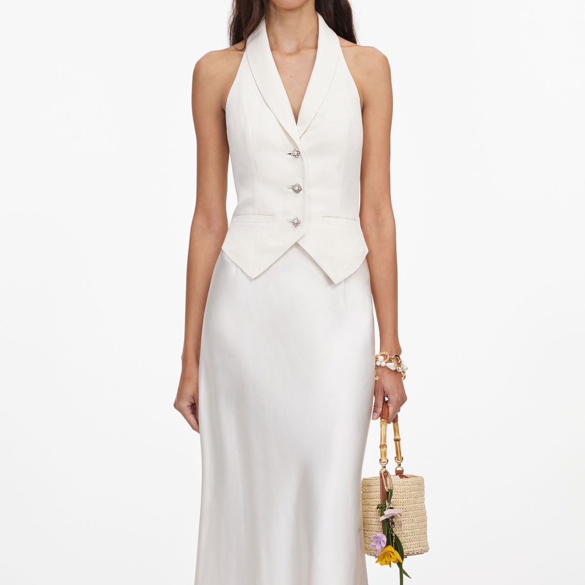self-portrait - Cream Linen Blend Satin Midi Dress