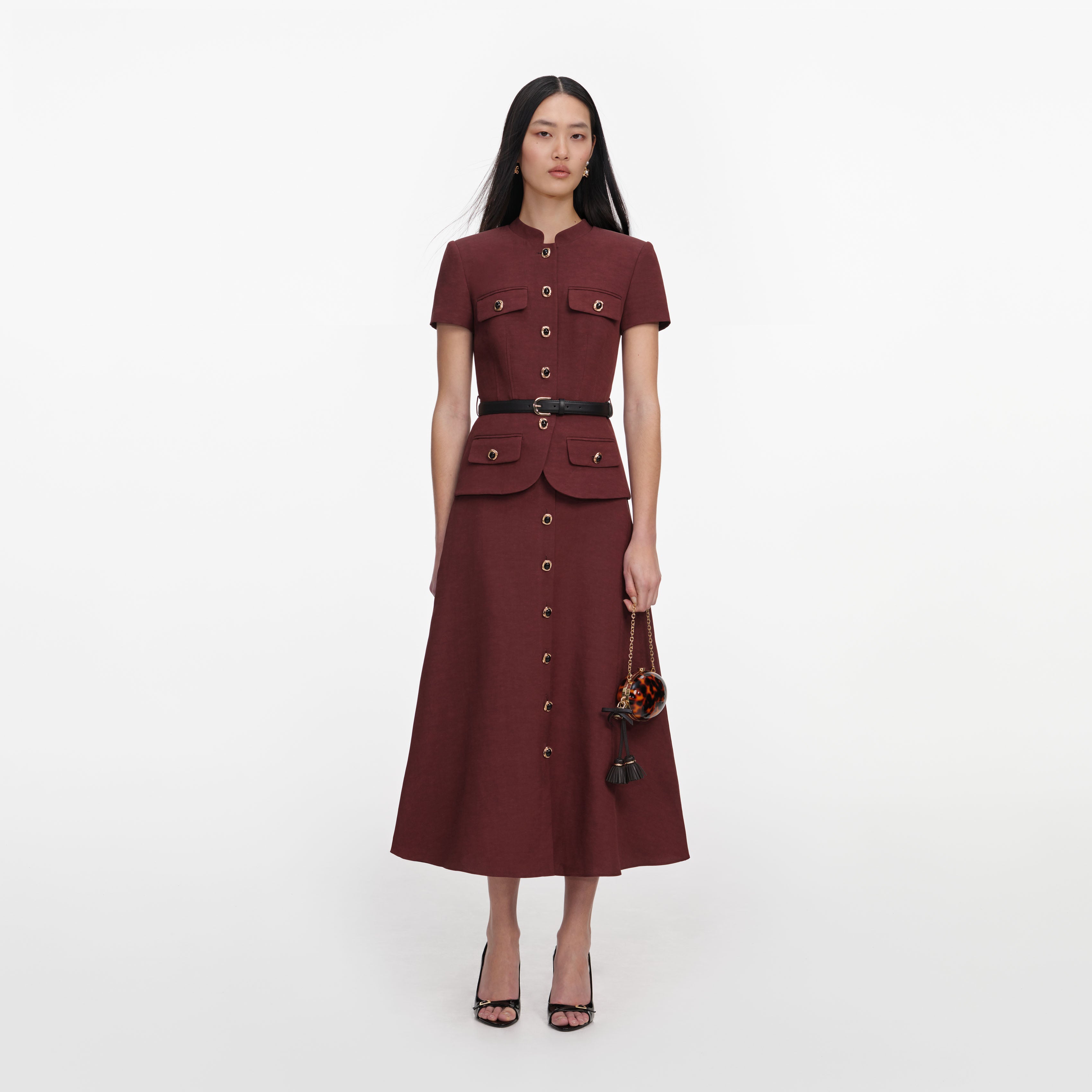 Brown Peplum Linen Blend Midi Dress self-portrait-US Brown Peplum Linen Blend Midi Dress self-portrait-US