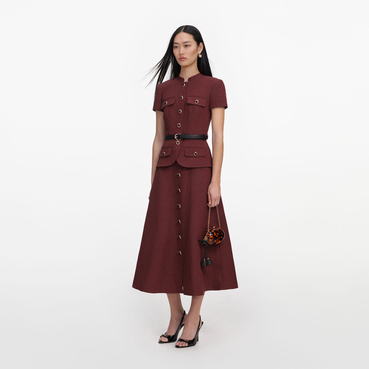 self-portrait Peplum-Waist Midi Shirt Dress - Brown