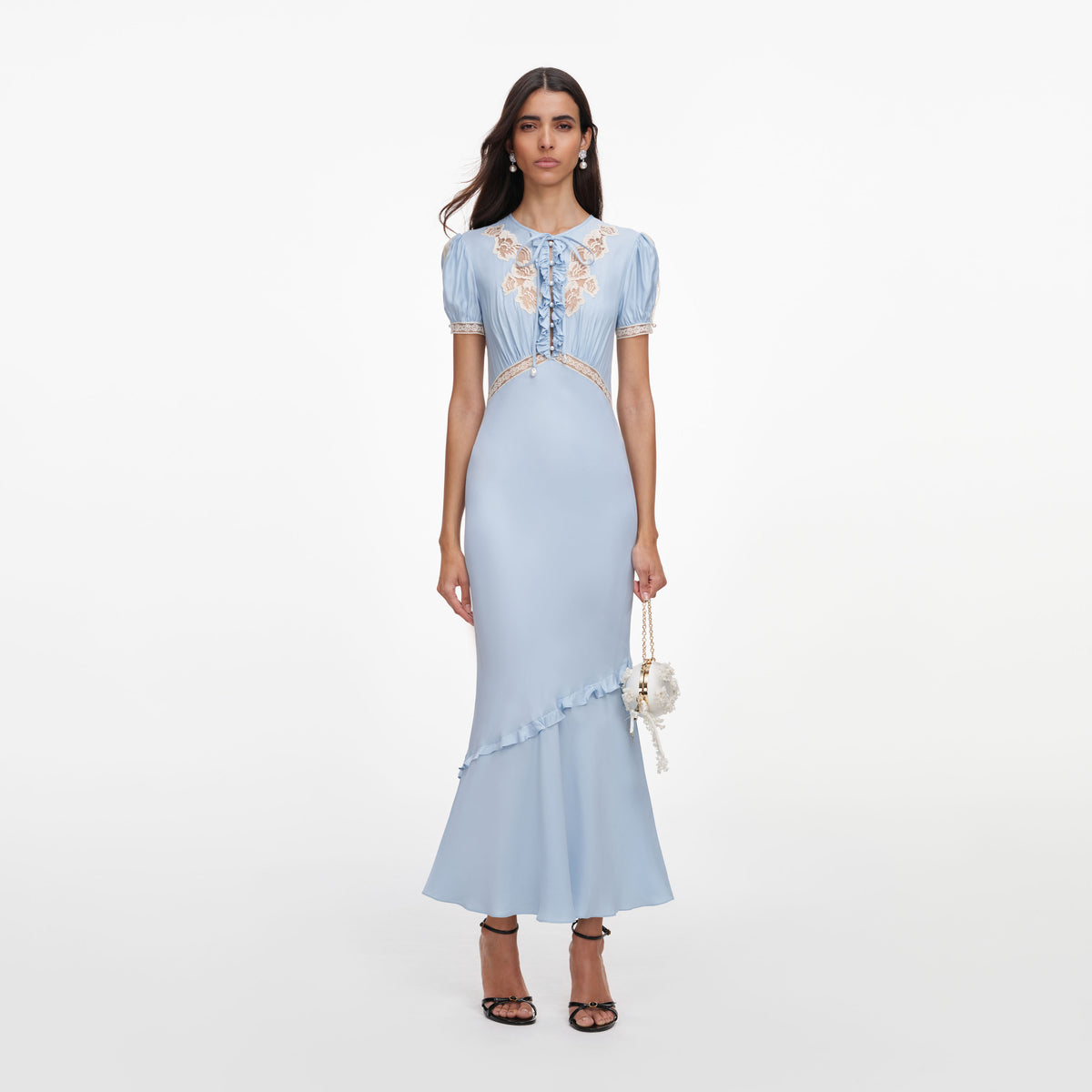 Blue Viscose Lace Midi Dress – self-portrait-US