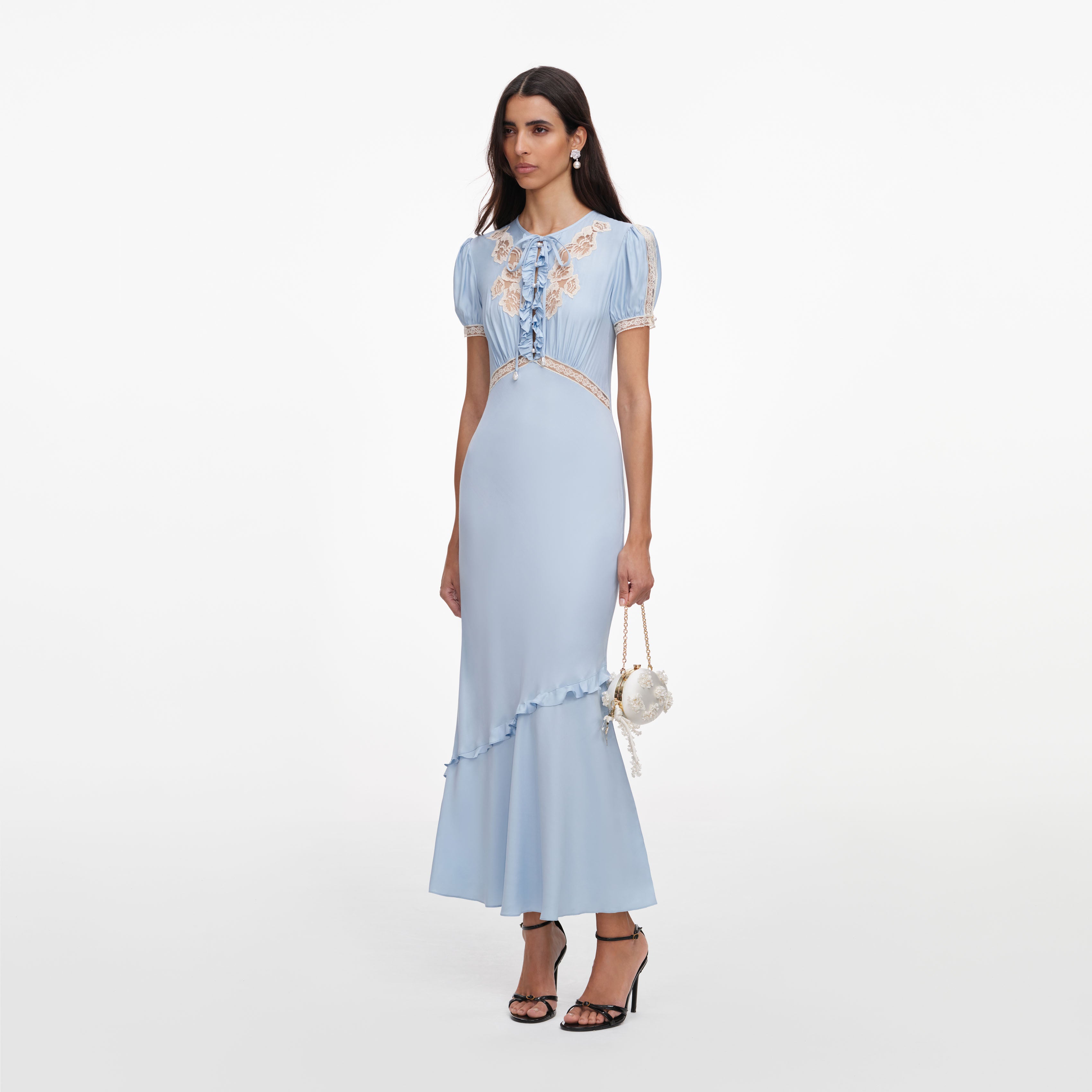 Blue Viscose Lace Midi Dress – self-portrait-US