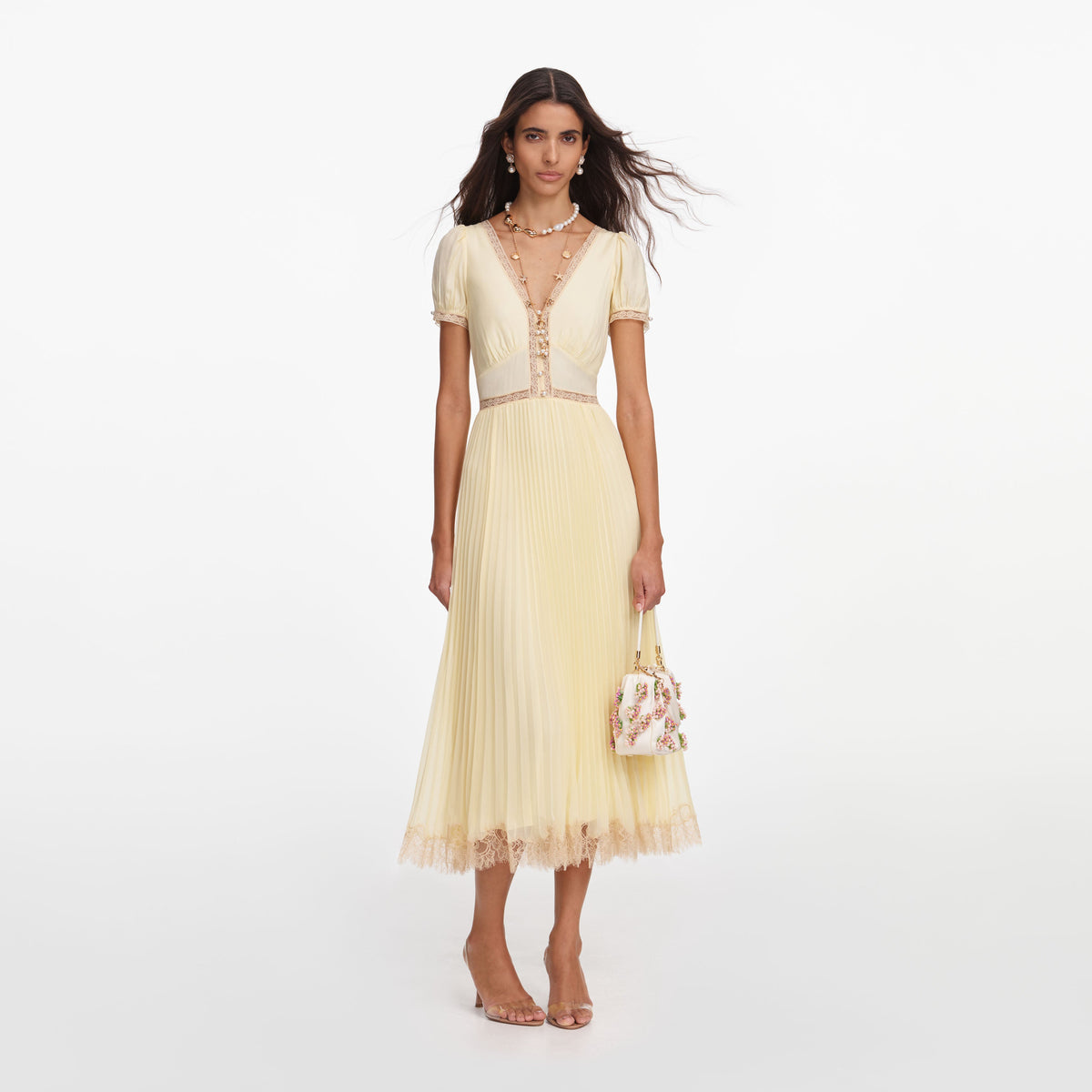 Self-Portrait - Yellow Viscose Pleated Lace Midi Dress