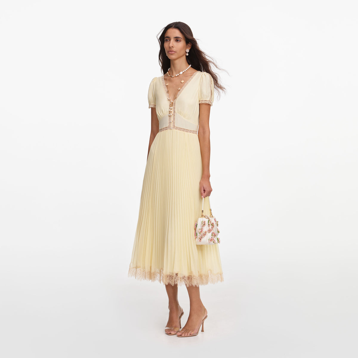 self-portrait - Yellow Viscose Pleated Lace Midi Dress