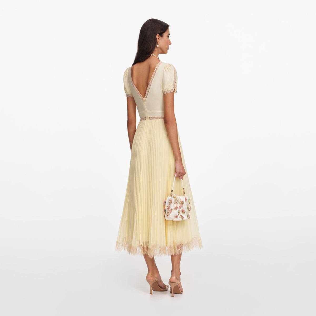 self portrait pleated midi dress Yellow Viscose Pleated Lace Midi Dress – self-portrait-US