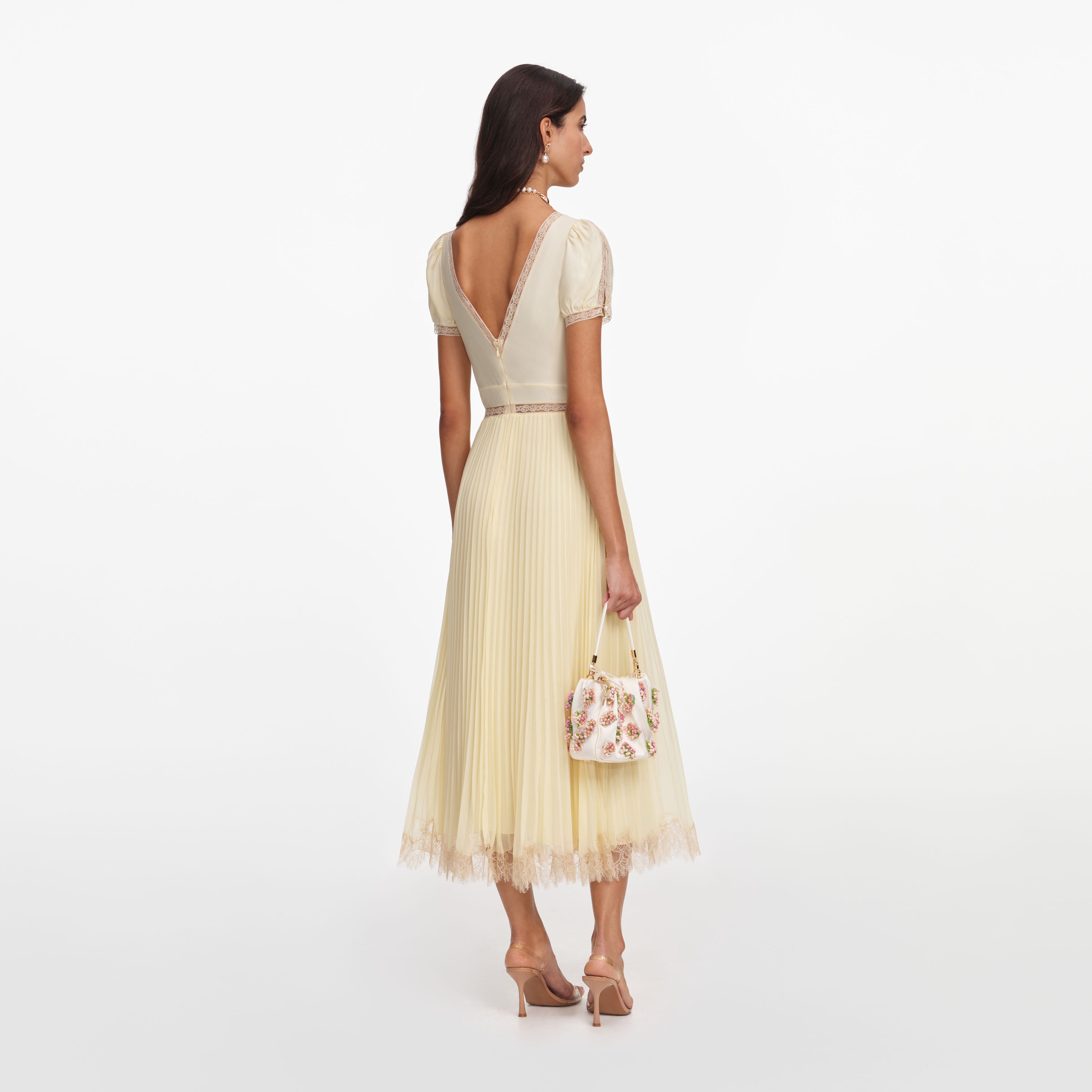 self portrait オフショルダーレースドレス Yellow Viscose Pleated Lace Midi Dress – self-portrait-US