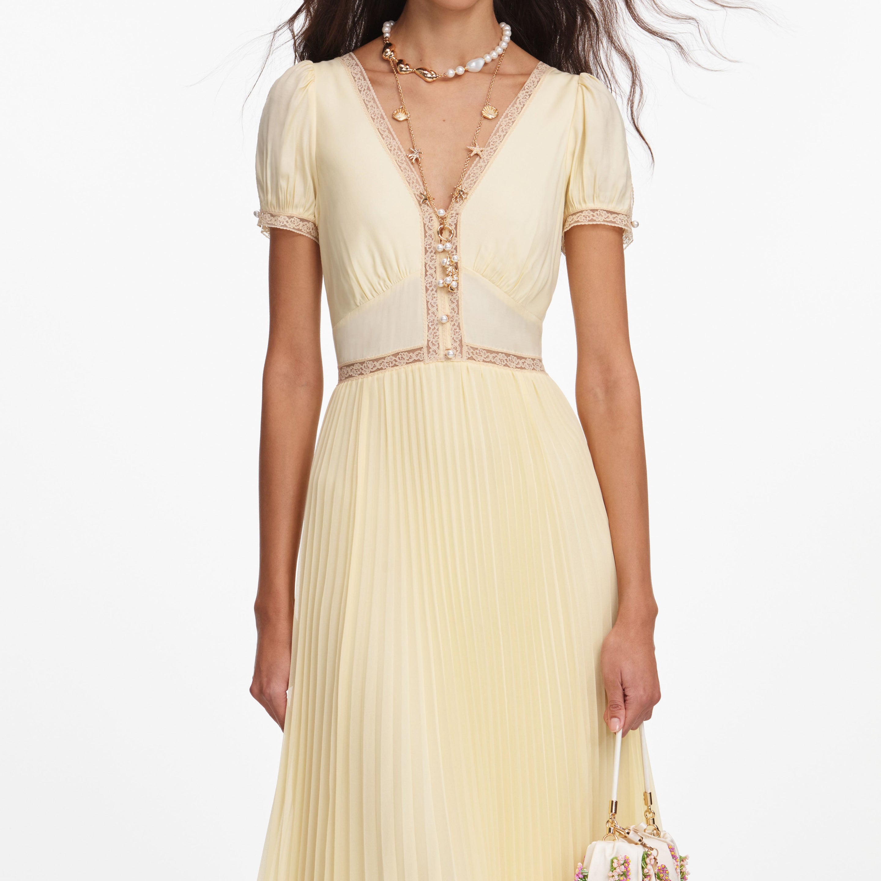 self-portrait lace-trimmed pleated chiffon midi dress Self Portrait lace-detail belted Dress