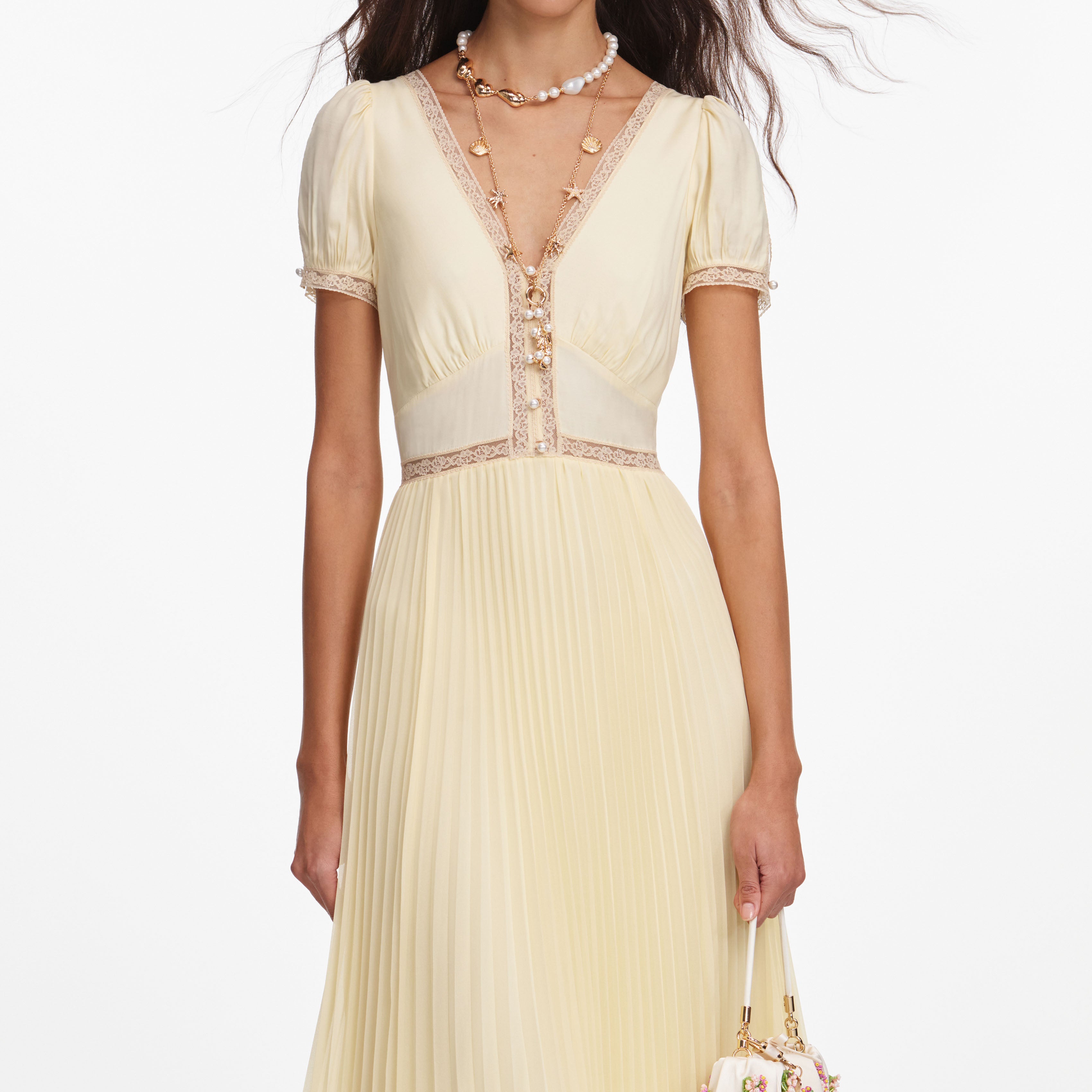 self portrait オフショルダーレースドレス Yellow Viscose Pleated Lace Midi Dress – self-portrait-US