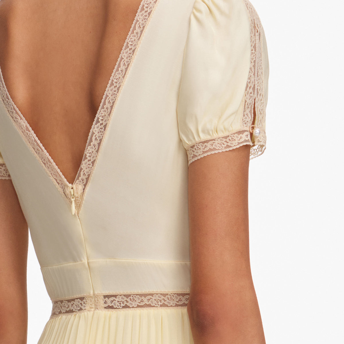Self-Portrait - Yellow Viscose Pleated Lace Midi Dress