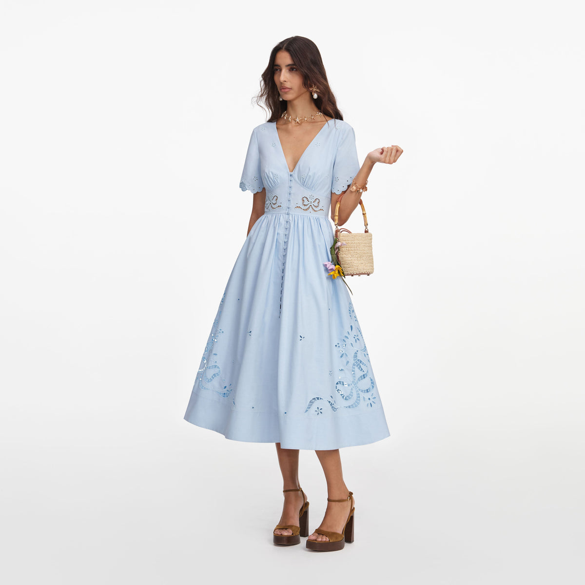 self-portrait - Blue Cotton Embroidered Midi Dress - UK 14 self-portrait - Blue Cotton Embroidered Midi Dress - UK 14