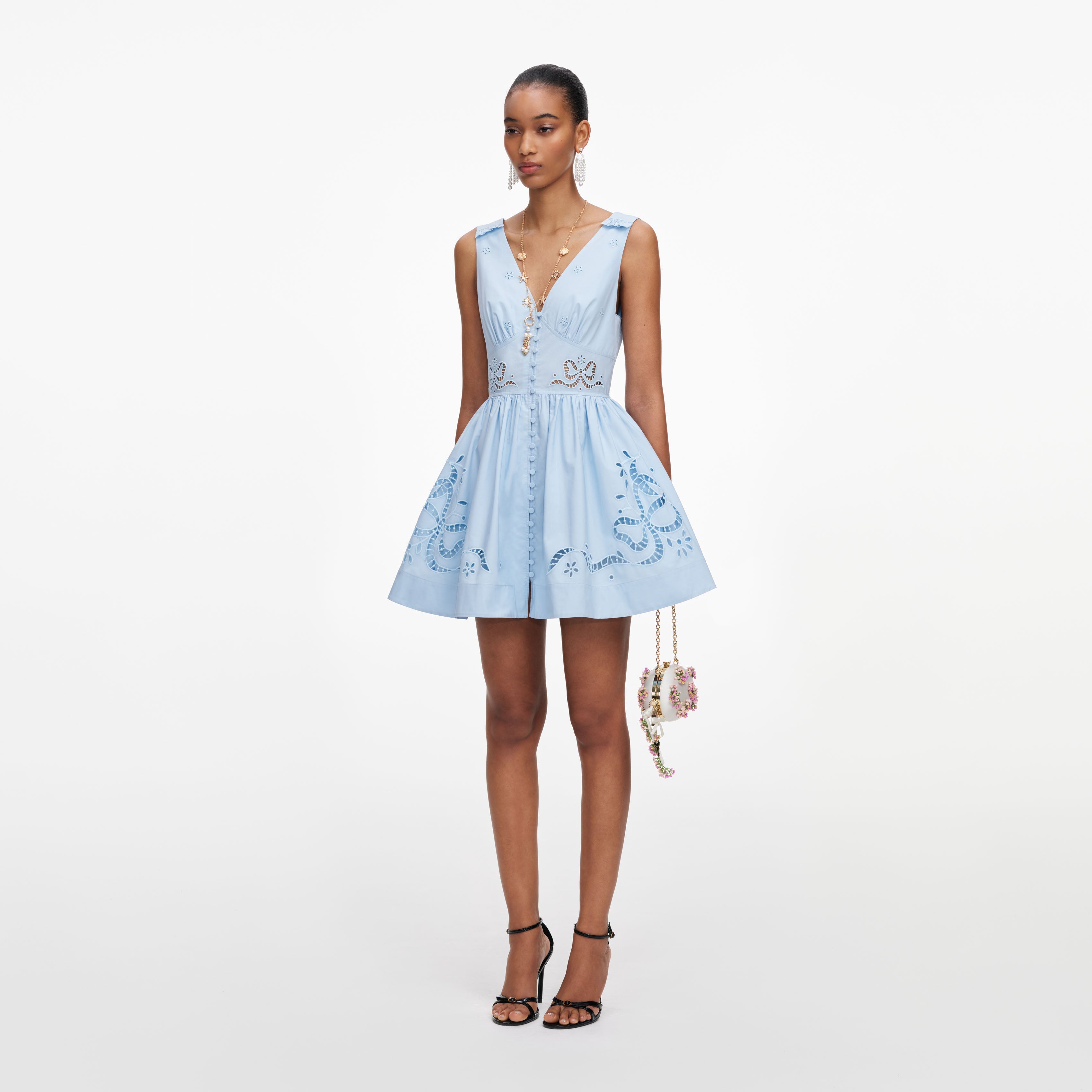 Blue Cotton Embroidered Mini Dress – self-portrait-US
