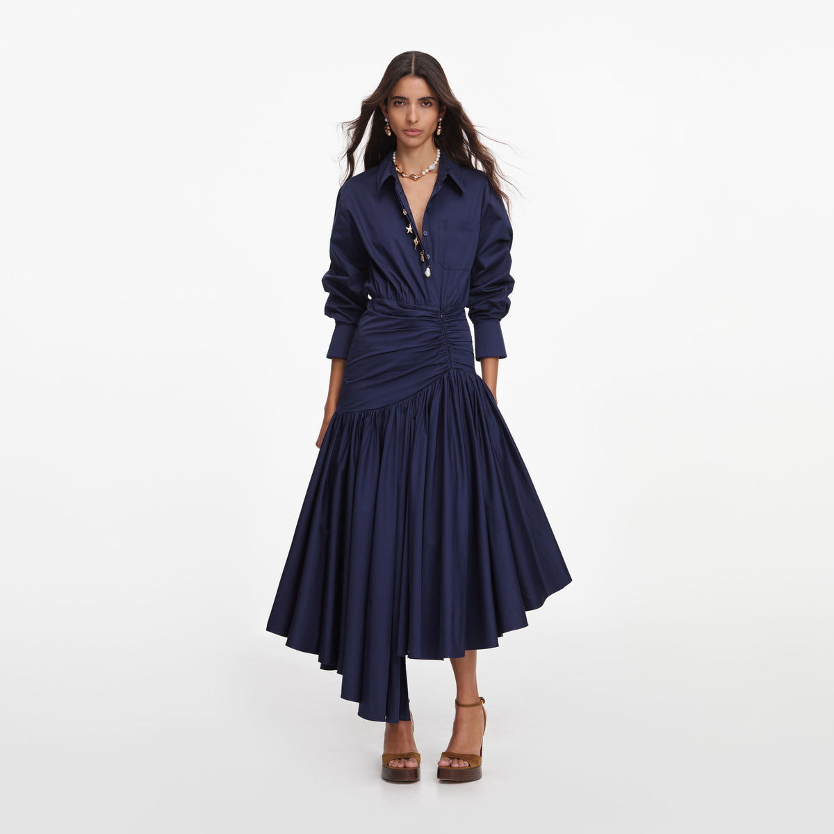 self-portrait - Navy Cotton Asymmetric Midi Dress