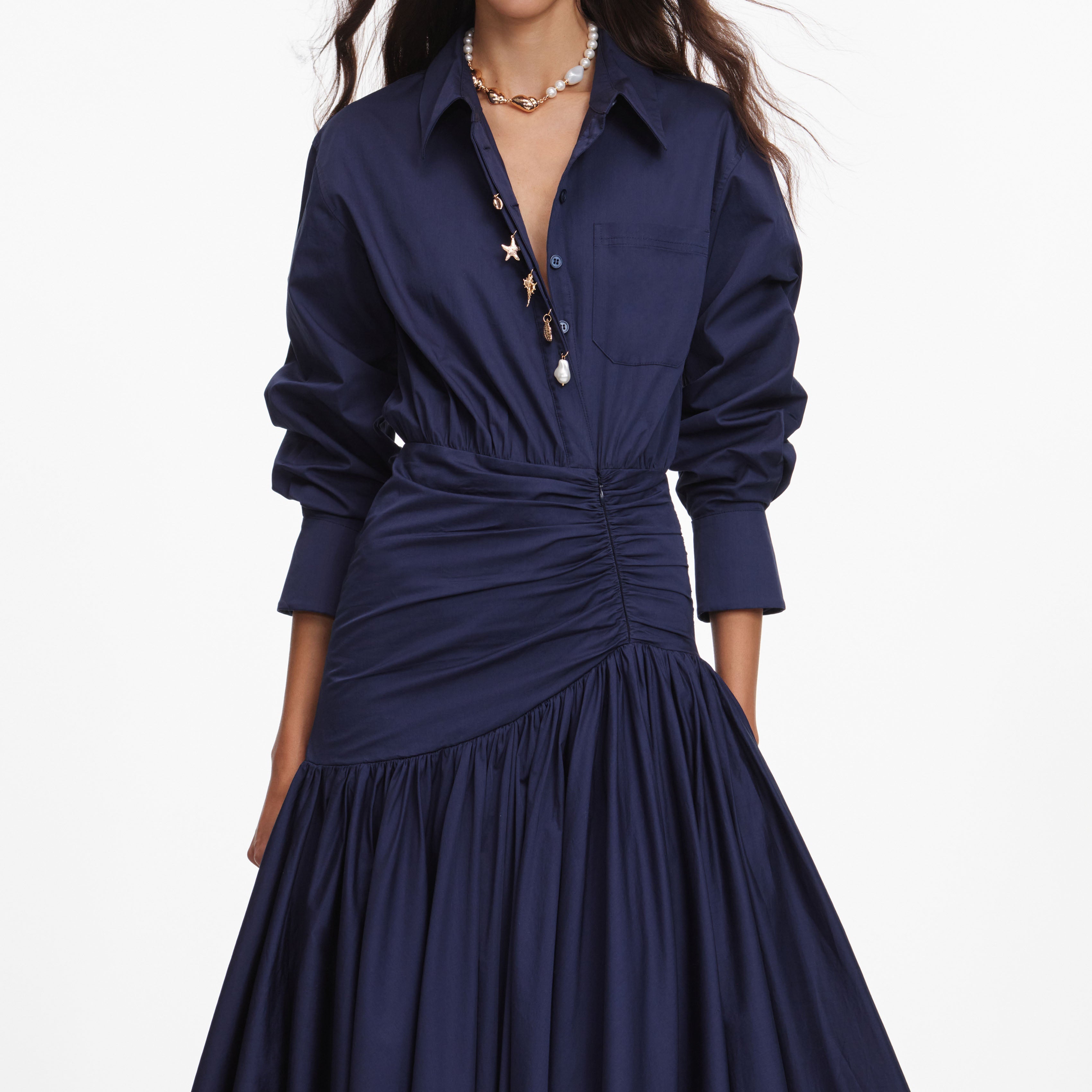Navy Cotton Asymmetric Midi Dress self-portrait-US Navy Cotton Asymmetric Midi Dress self-portrait-US