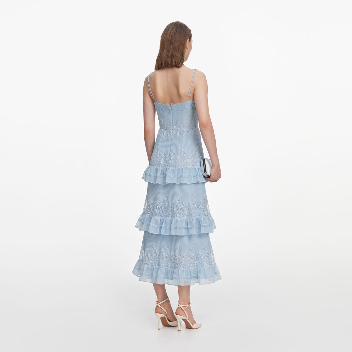 Self-Portrait Chiffon Lace Tiered Midi Dress, Blue, Women's, 8