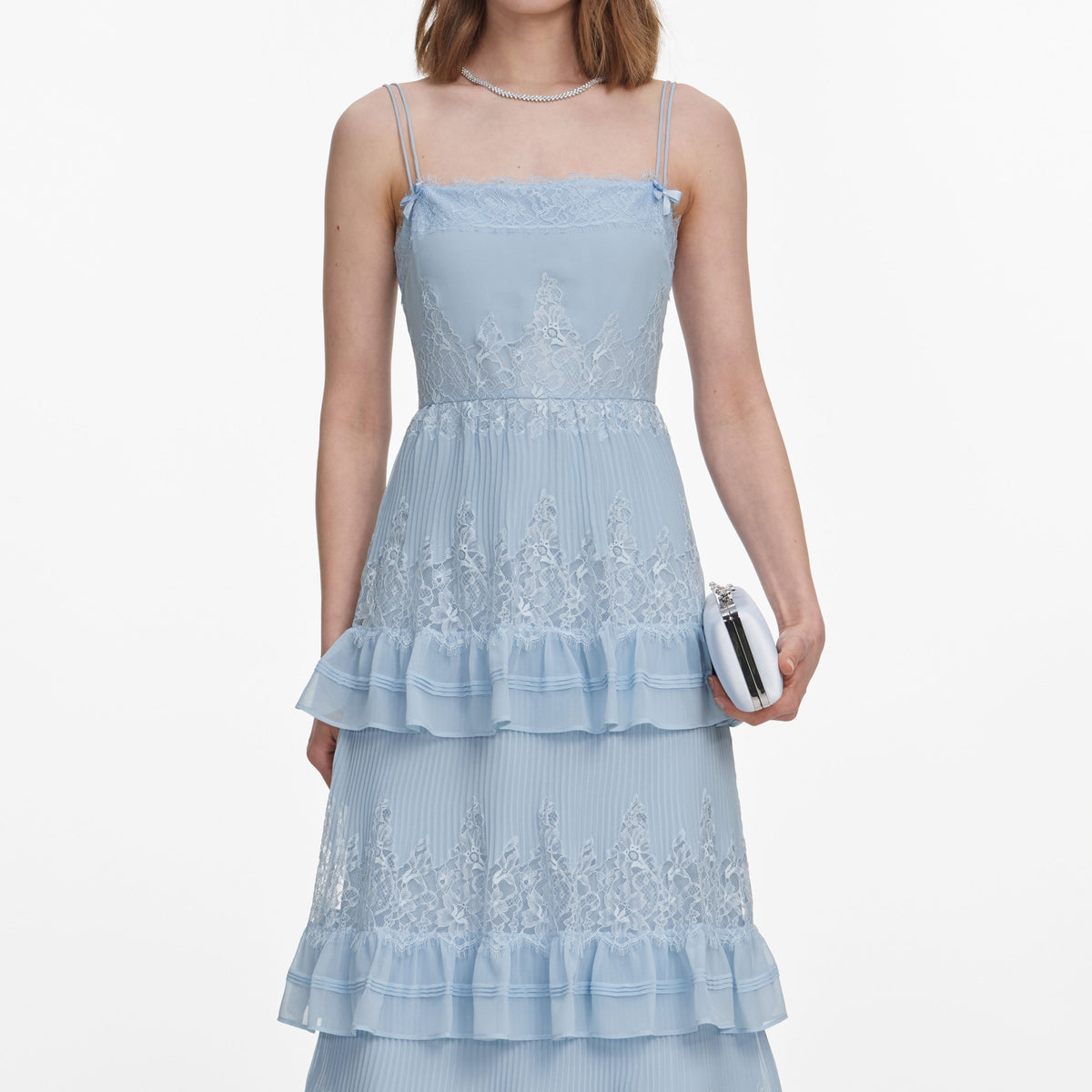Self-Portrait Chiffon Lace Tiered Midi Dress, Blue, Women's, 8