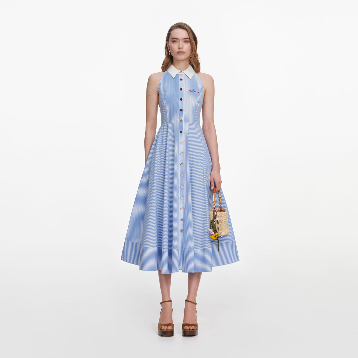 self portrait dress sale self-portrait - Blue Striped Cotton Midi Audrey Hepburn in Black Its sheer neckline adds style:Loafer Color:As Photo(Pink）