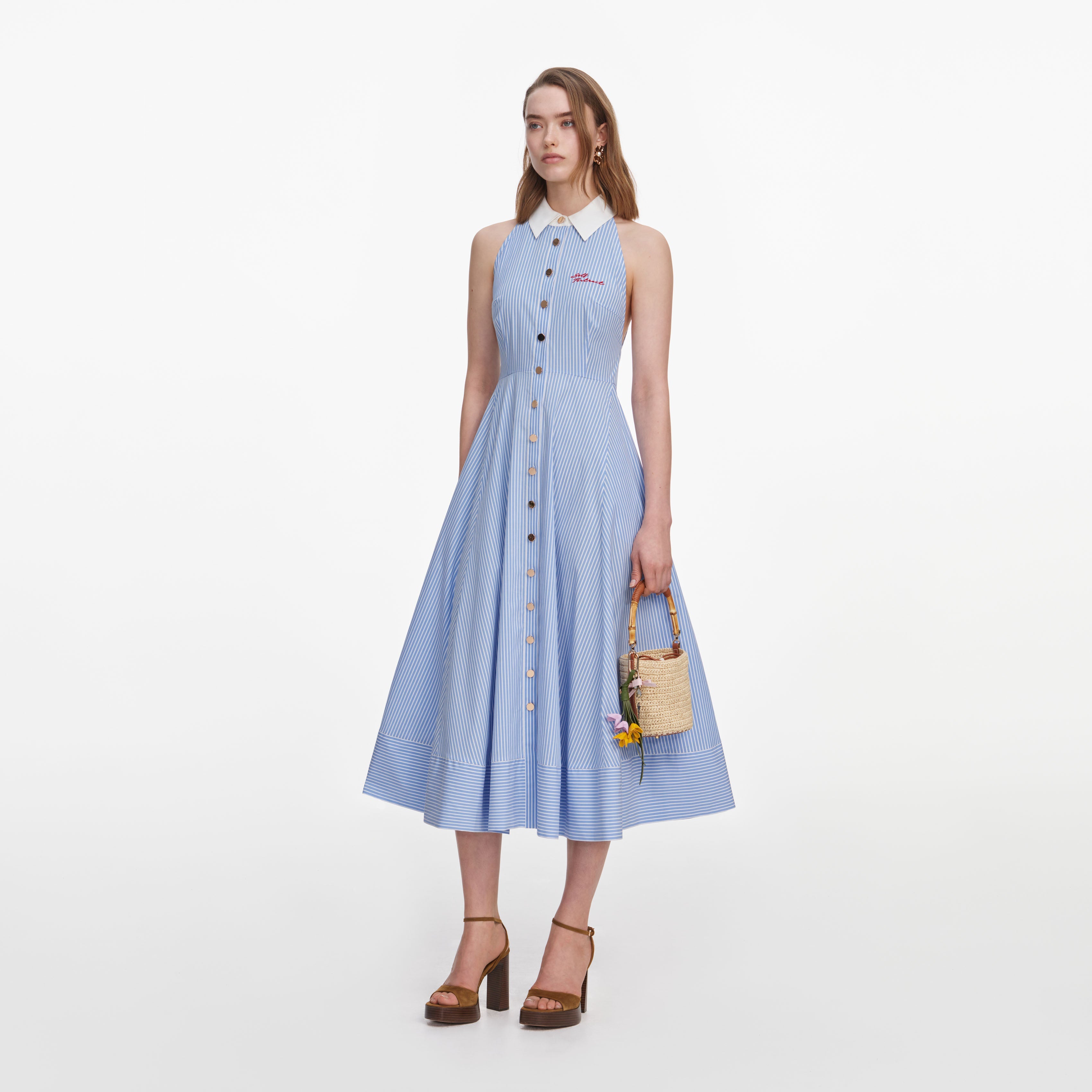 Blue Striped Cotton Midi Dress