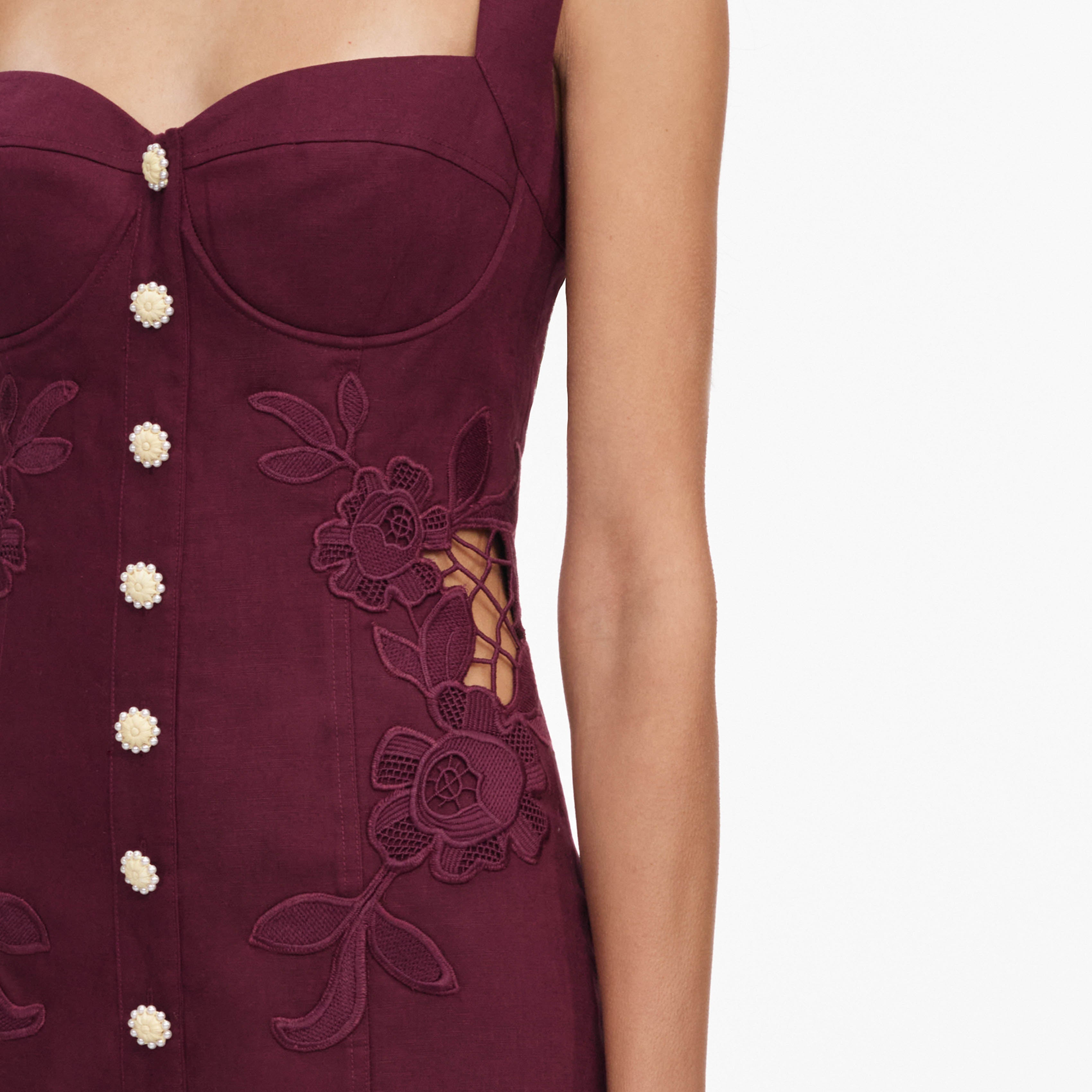 Plum Linen Blend Lace Insert Midi Dress – self-portrait-US