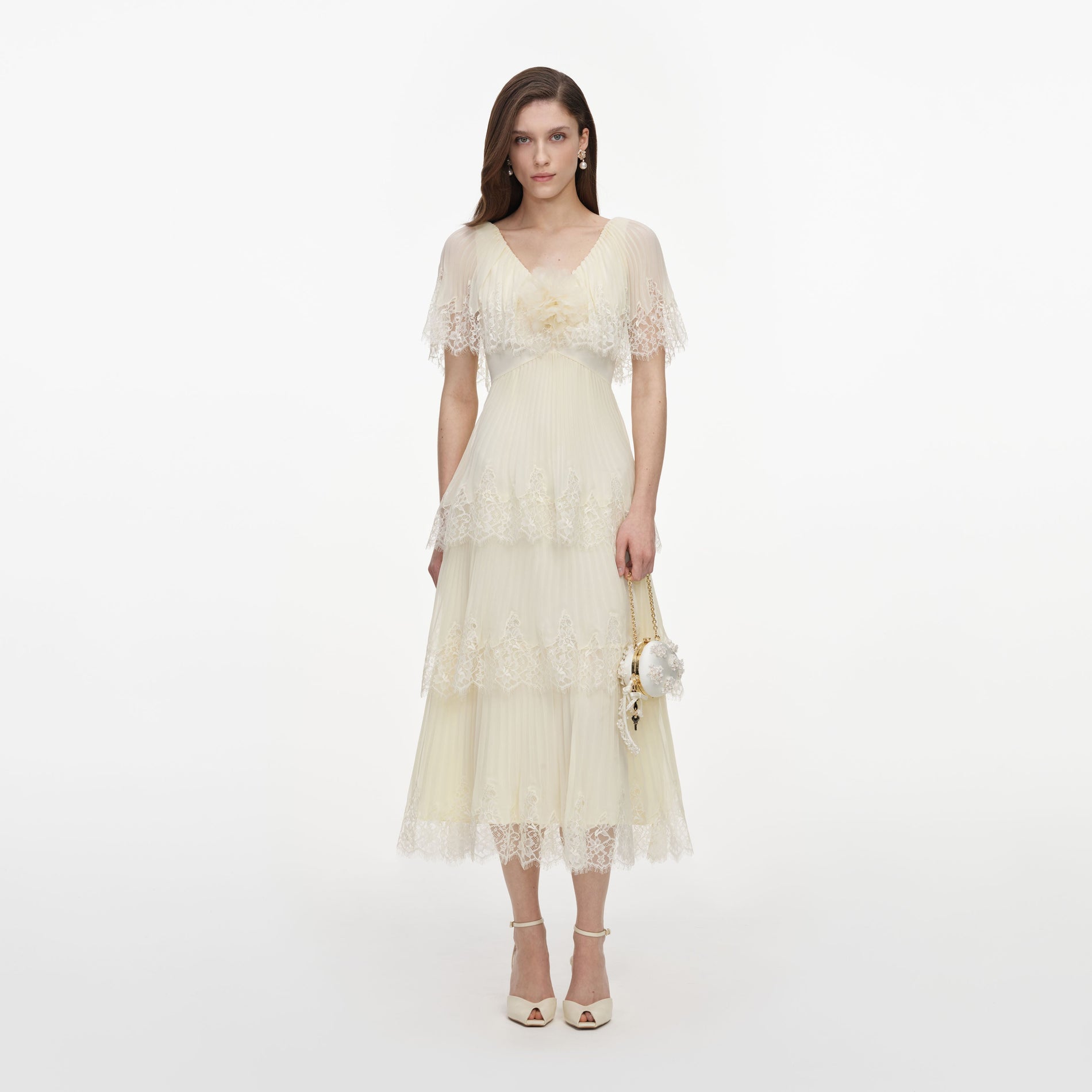 Front view of a woman wearing the Yellow Chiffon Tiered Midi Dress