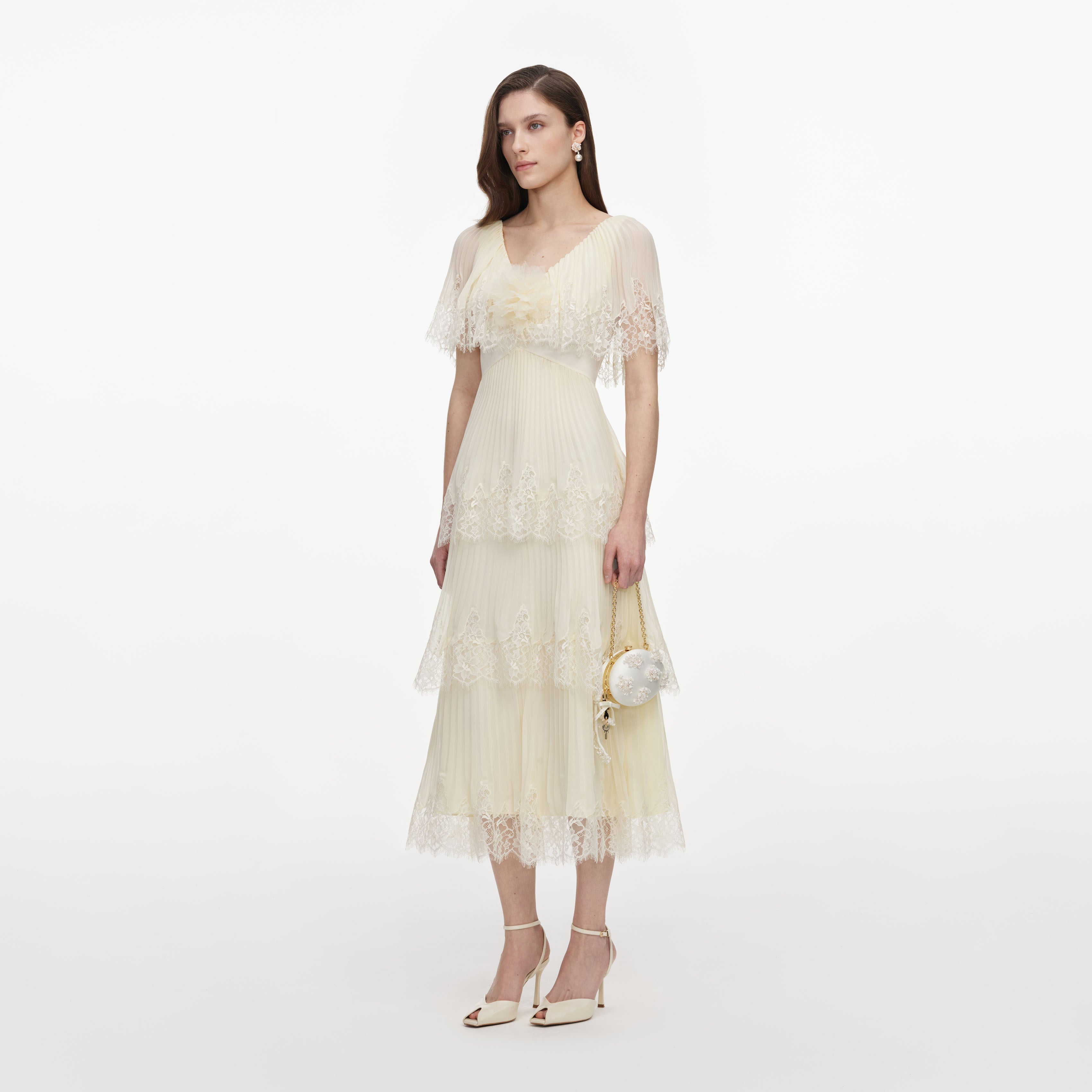 Yellow Chiffon Tiered Midi Dress self-portrait-US Yellow Chiffon Tiered Midi Dress self-portrait-US