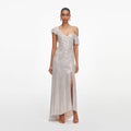 Champagne Rhinestone Ruffle Draped Maxi Dress
