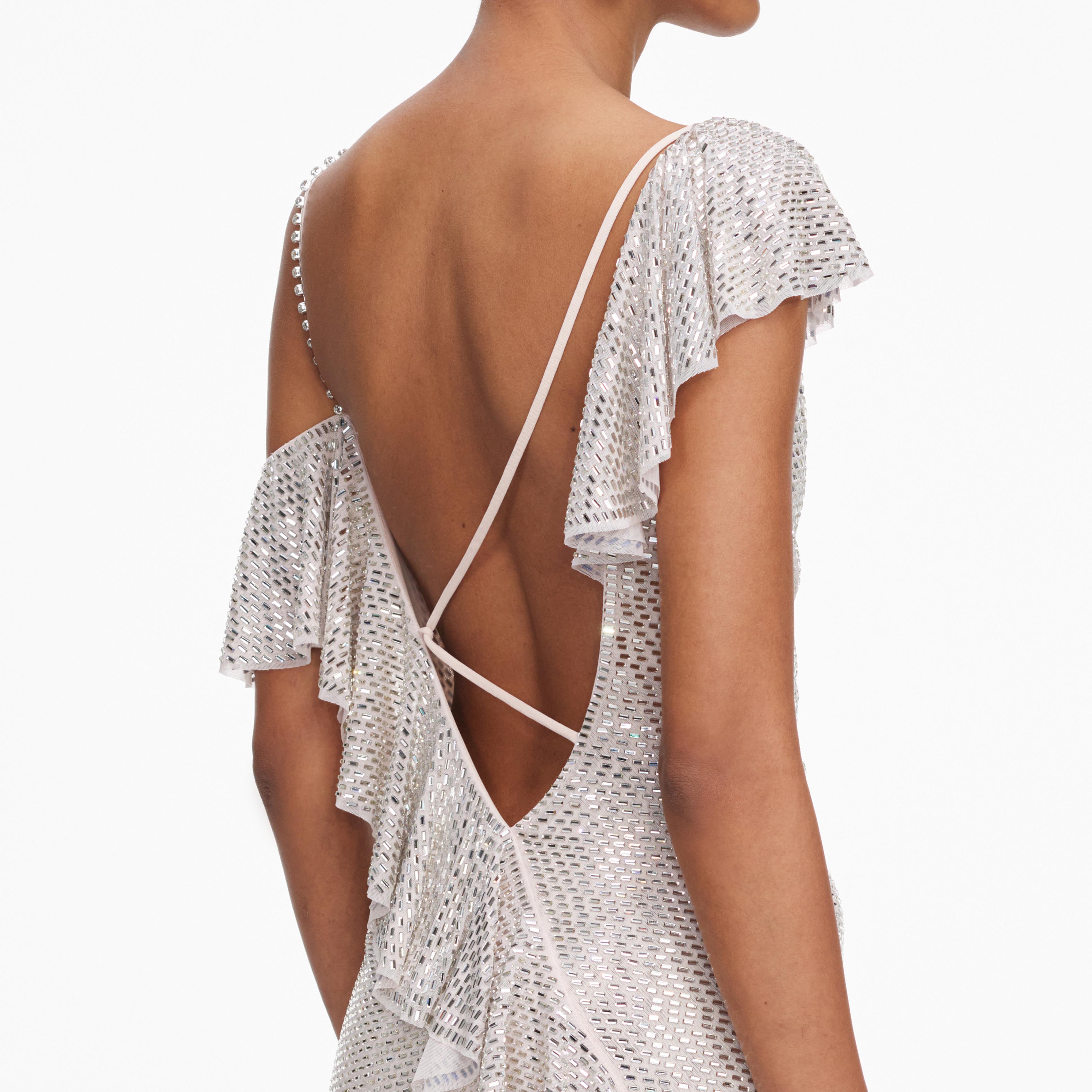 Champagne Rhinestone Ruffle Draped Maxi Dress