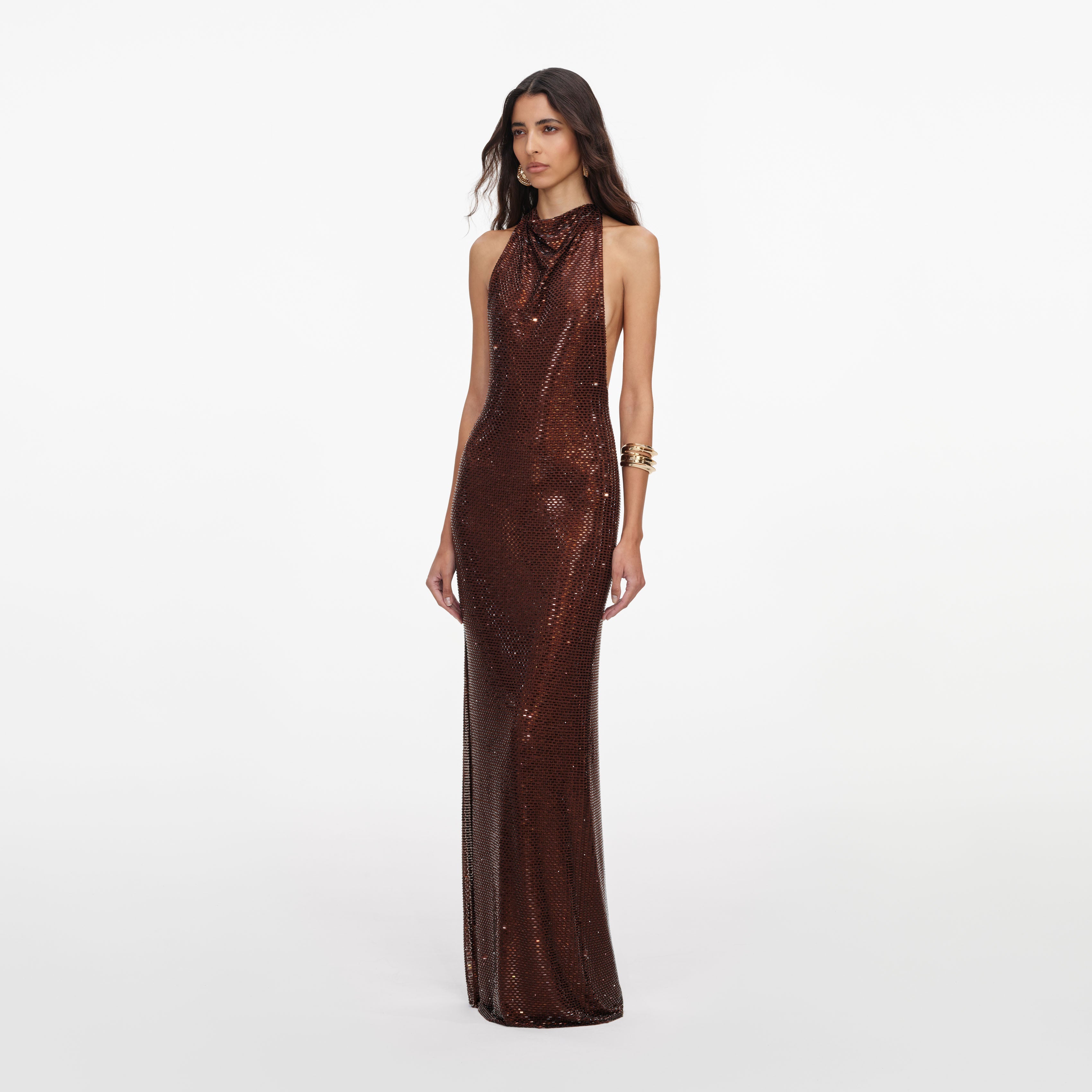 Brown Rhinestone Racer Back Maxi Dress – self-portrait-US