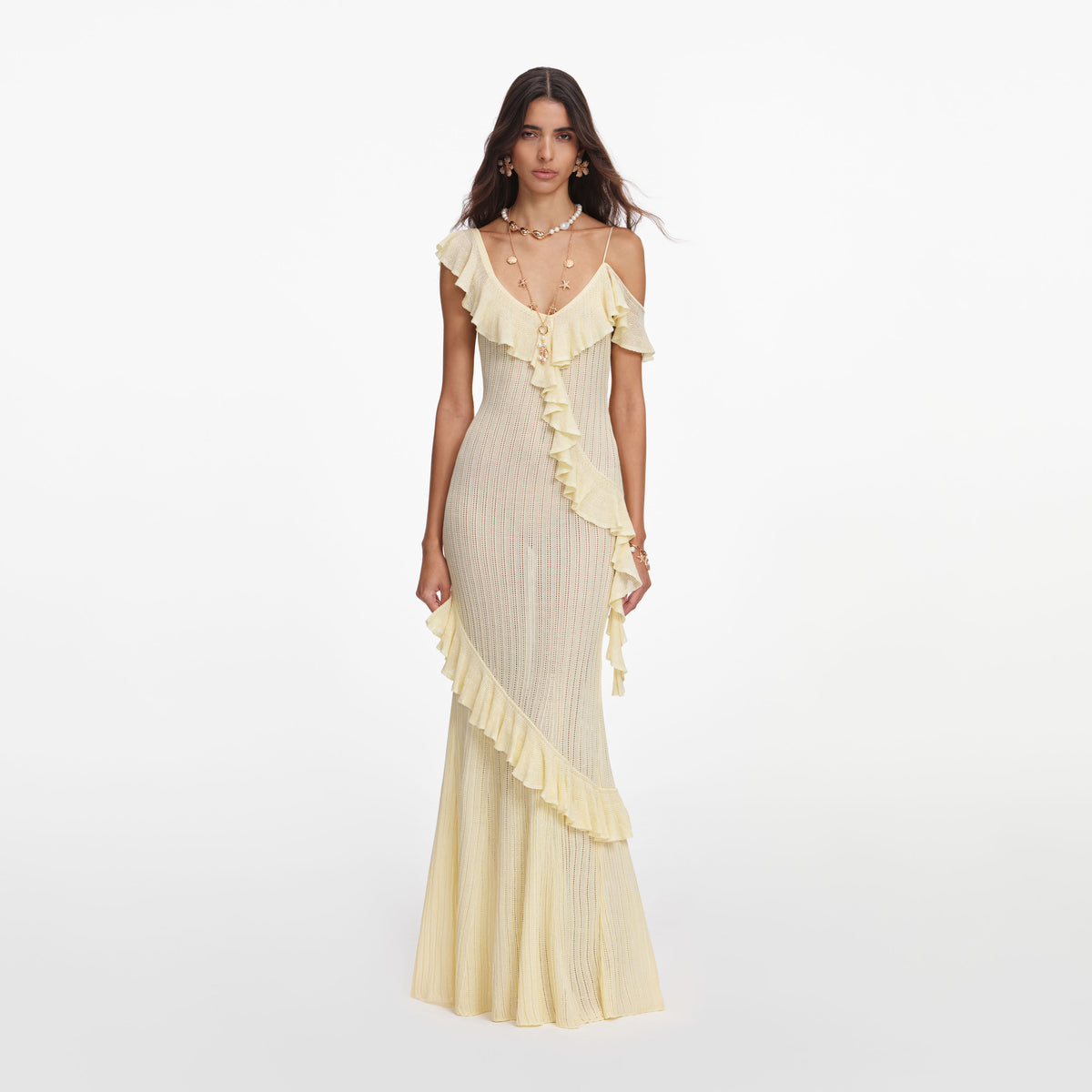gold ruffle maxi dress Metallic Ruffle Strapless Maxi Dress in Gold