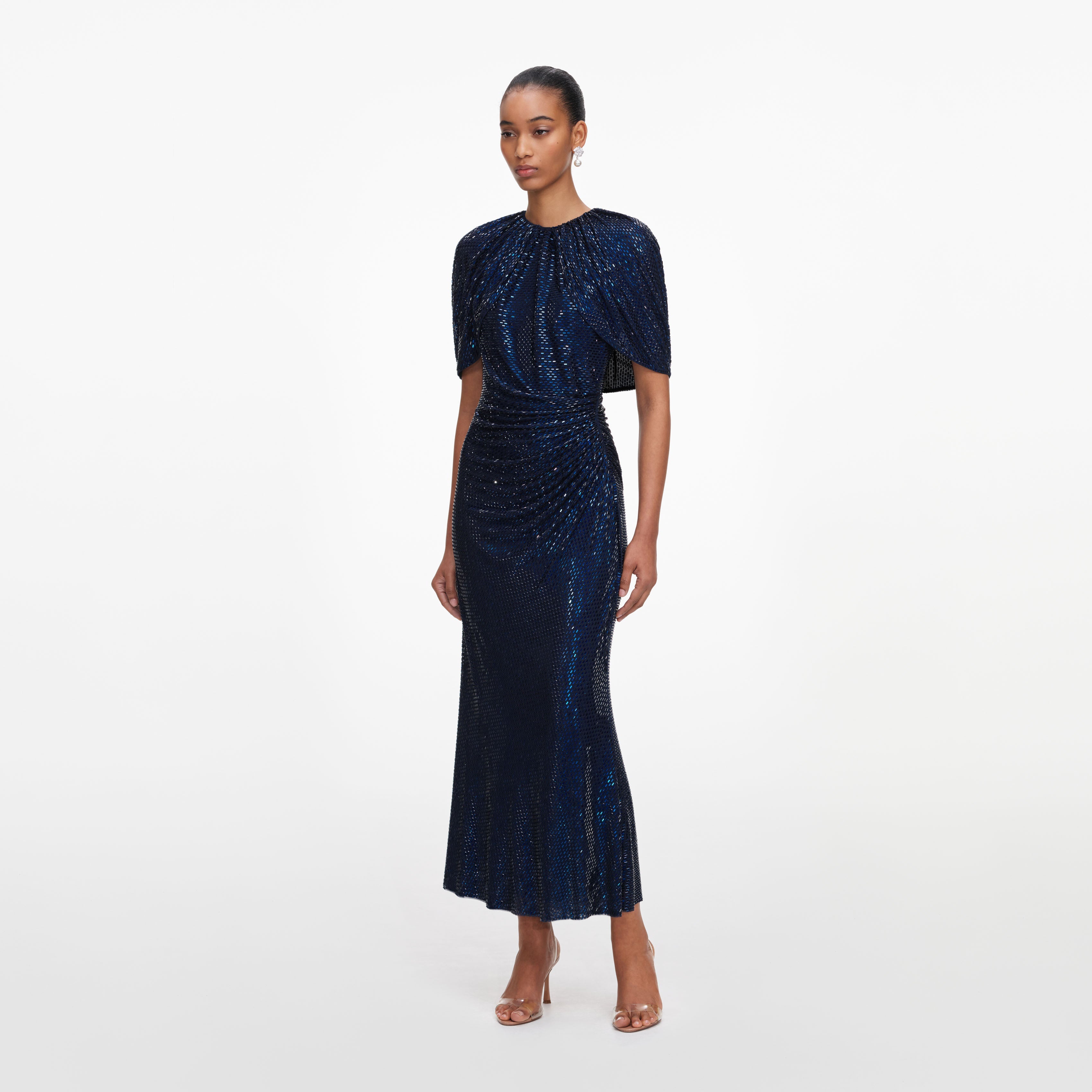 Navy Rhinestone Cape Sleeve Midi Dress