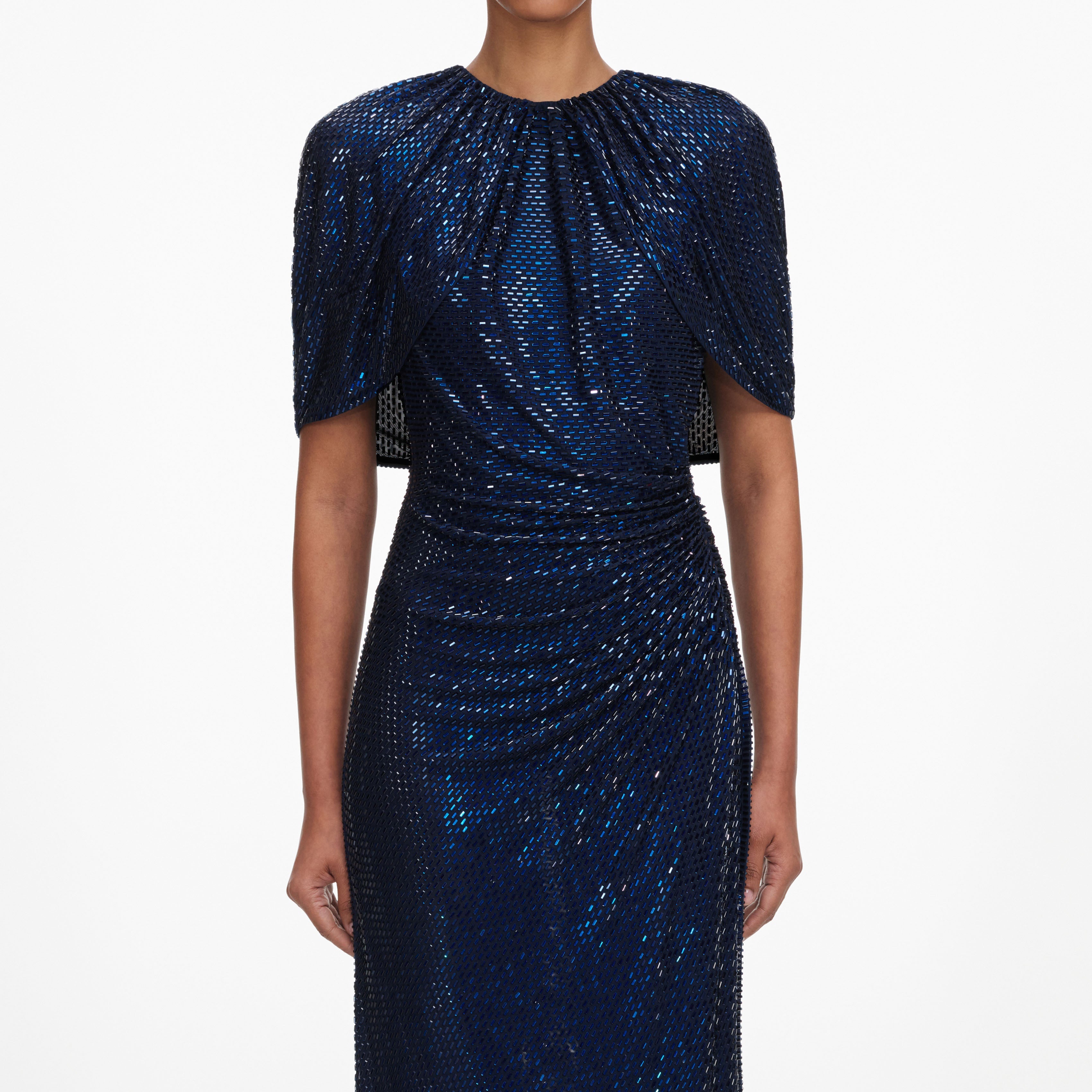 Navy Rhinestone Cape Sleeve Midi Dress