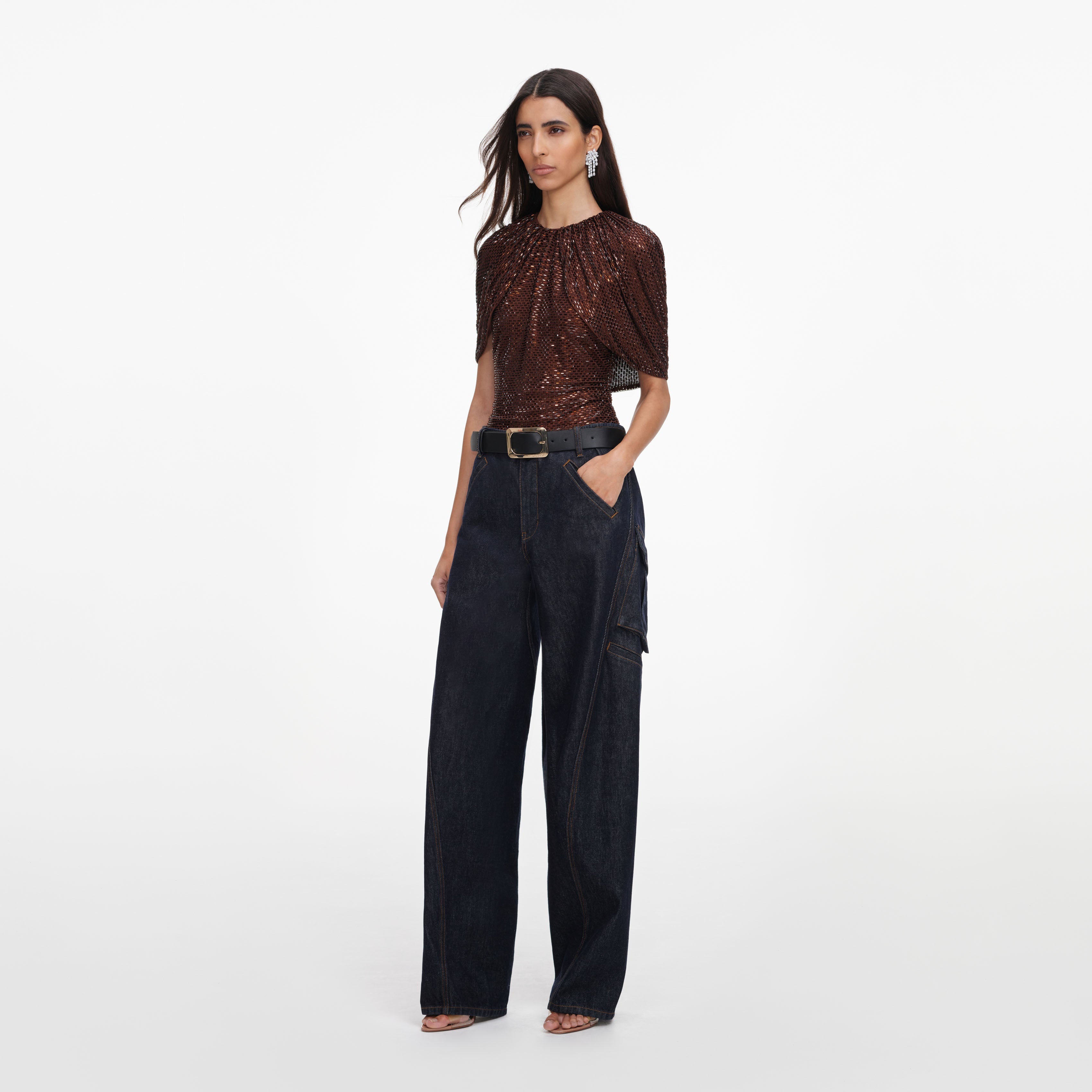 Brown Rhinestone Cape Sleeve Top