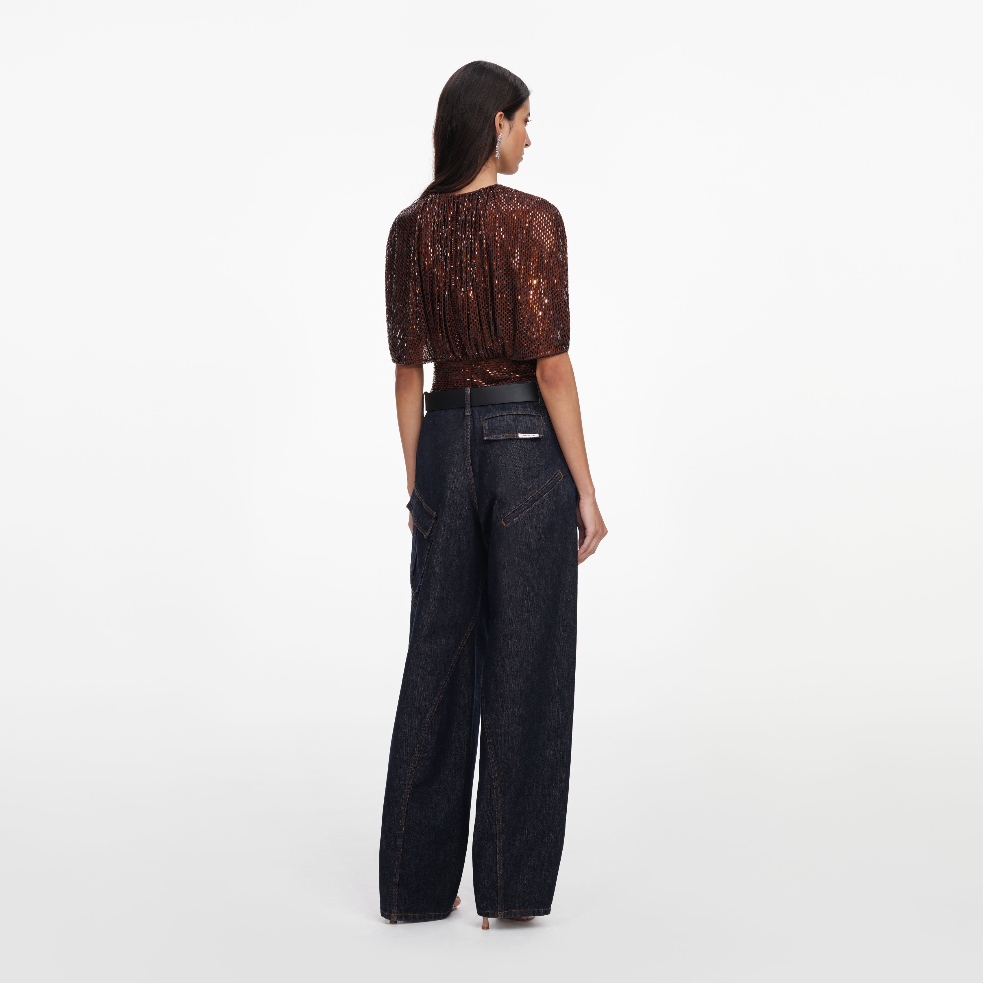 Brown Rhinestone Cape Sleeve Top