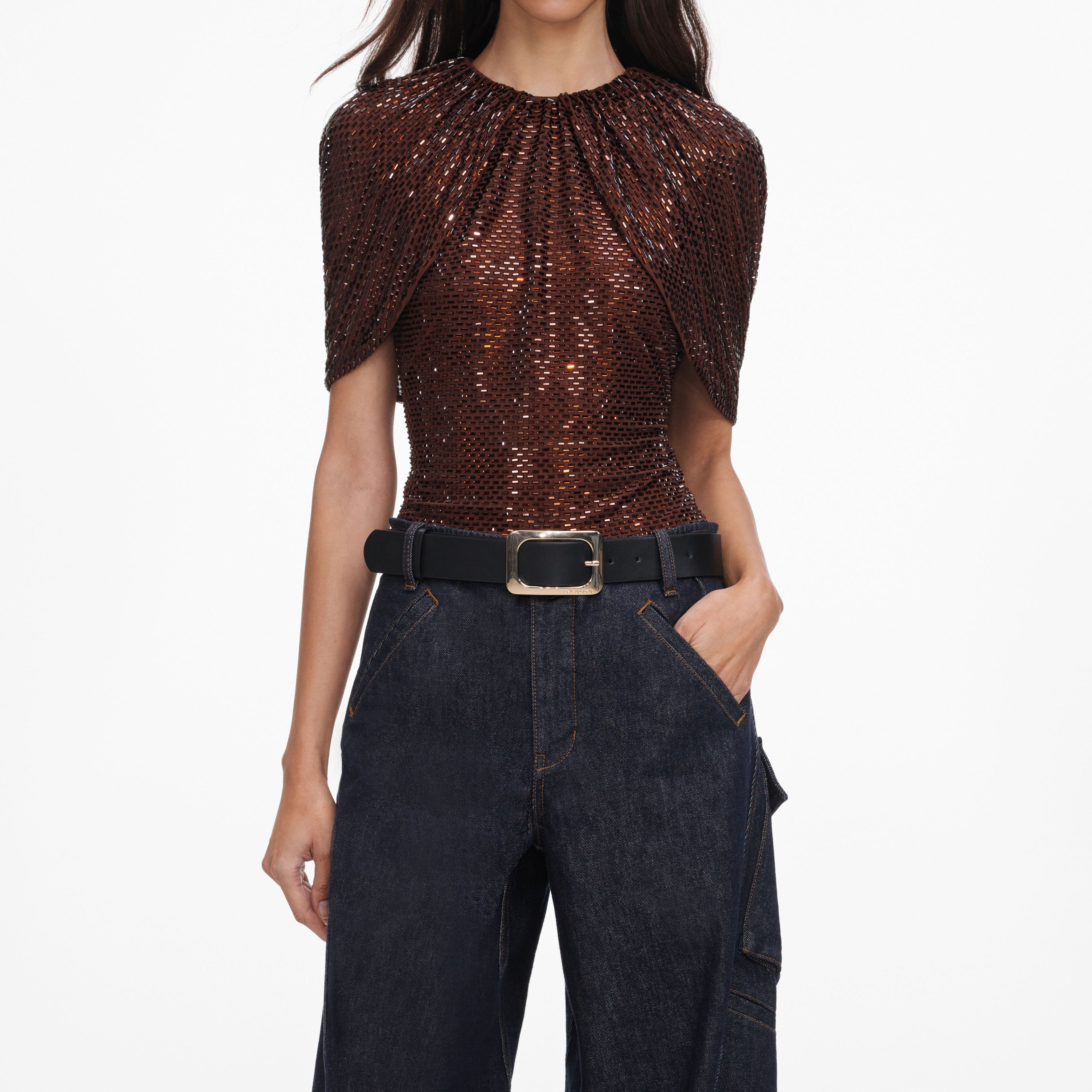 Brown Rhinestone Cape Sleeve Top