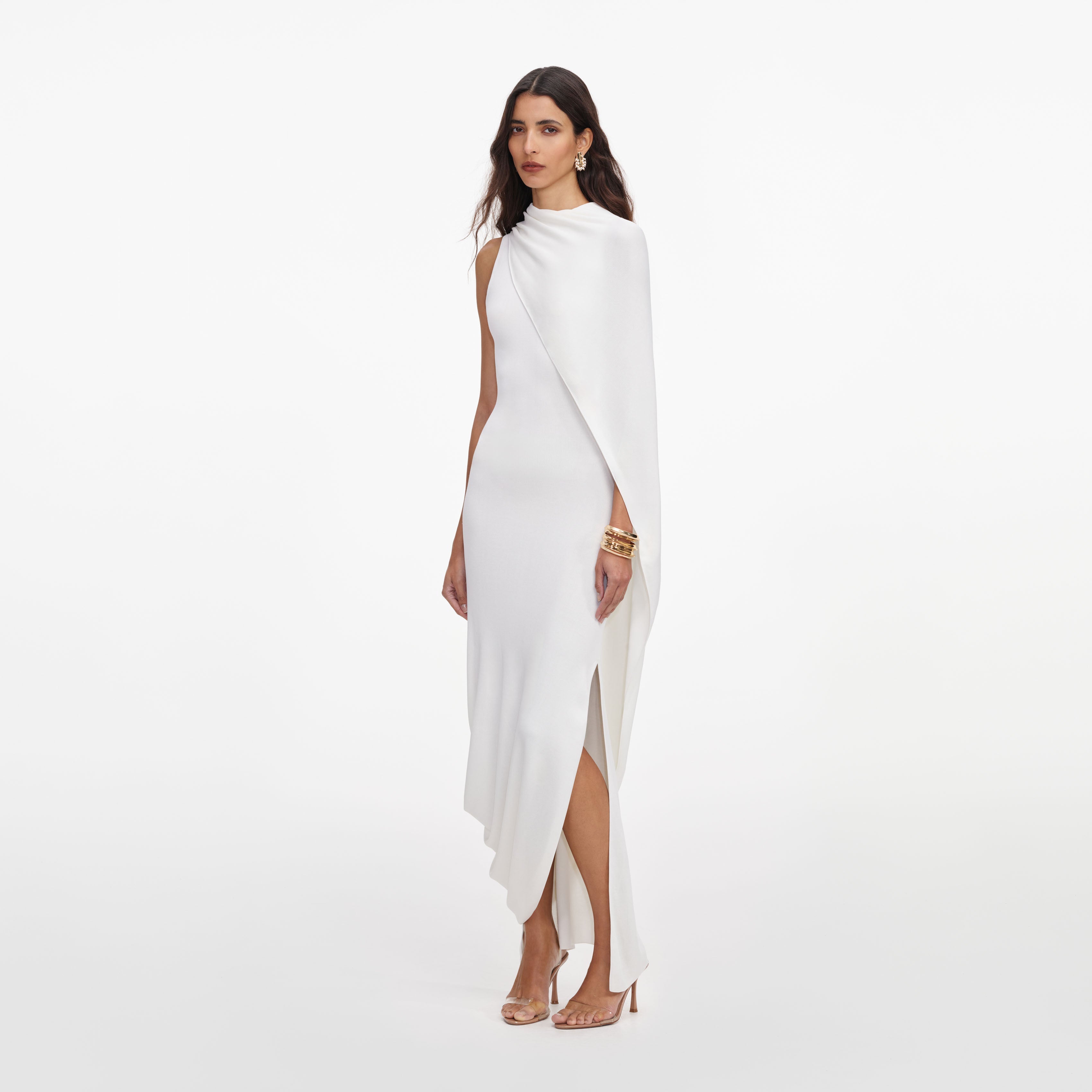 White Viscose Knit Drape Maxi Dress – self-portrait-US