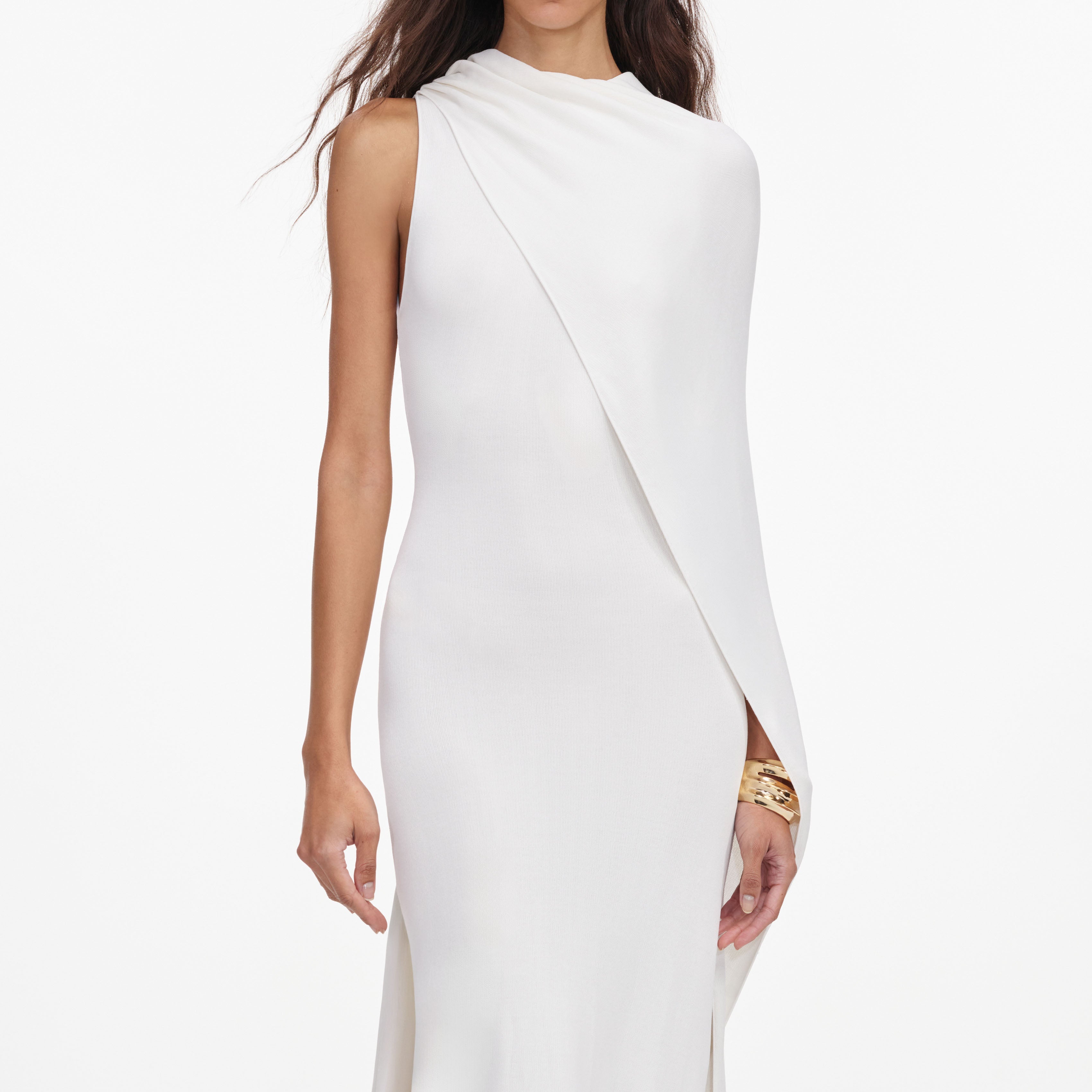 White Viscose Knit Drape Maxi Dress – self-portrait-US