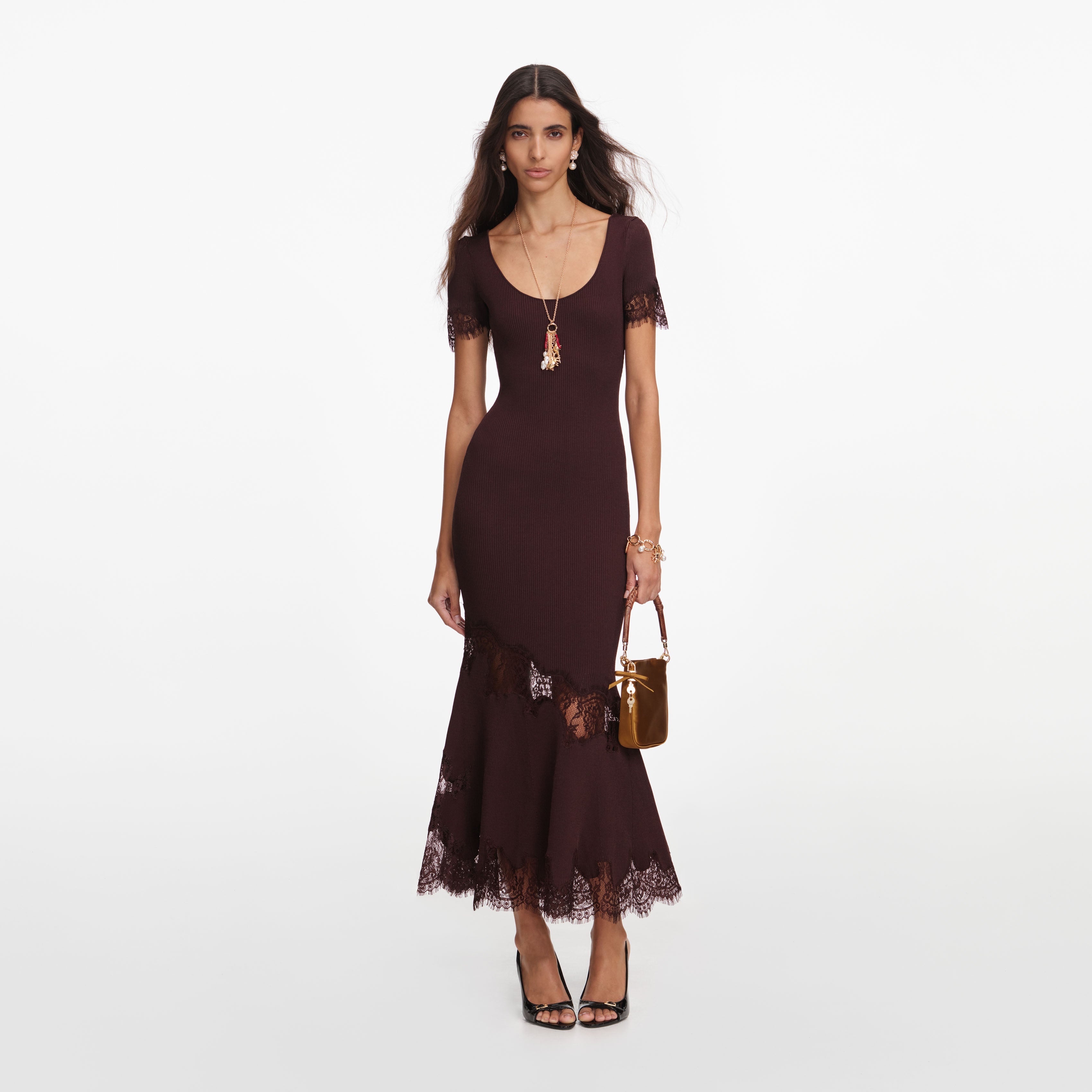 Burgundy Knit Lace Insert Midi Dress – self-portrait-US
