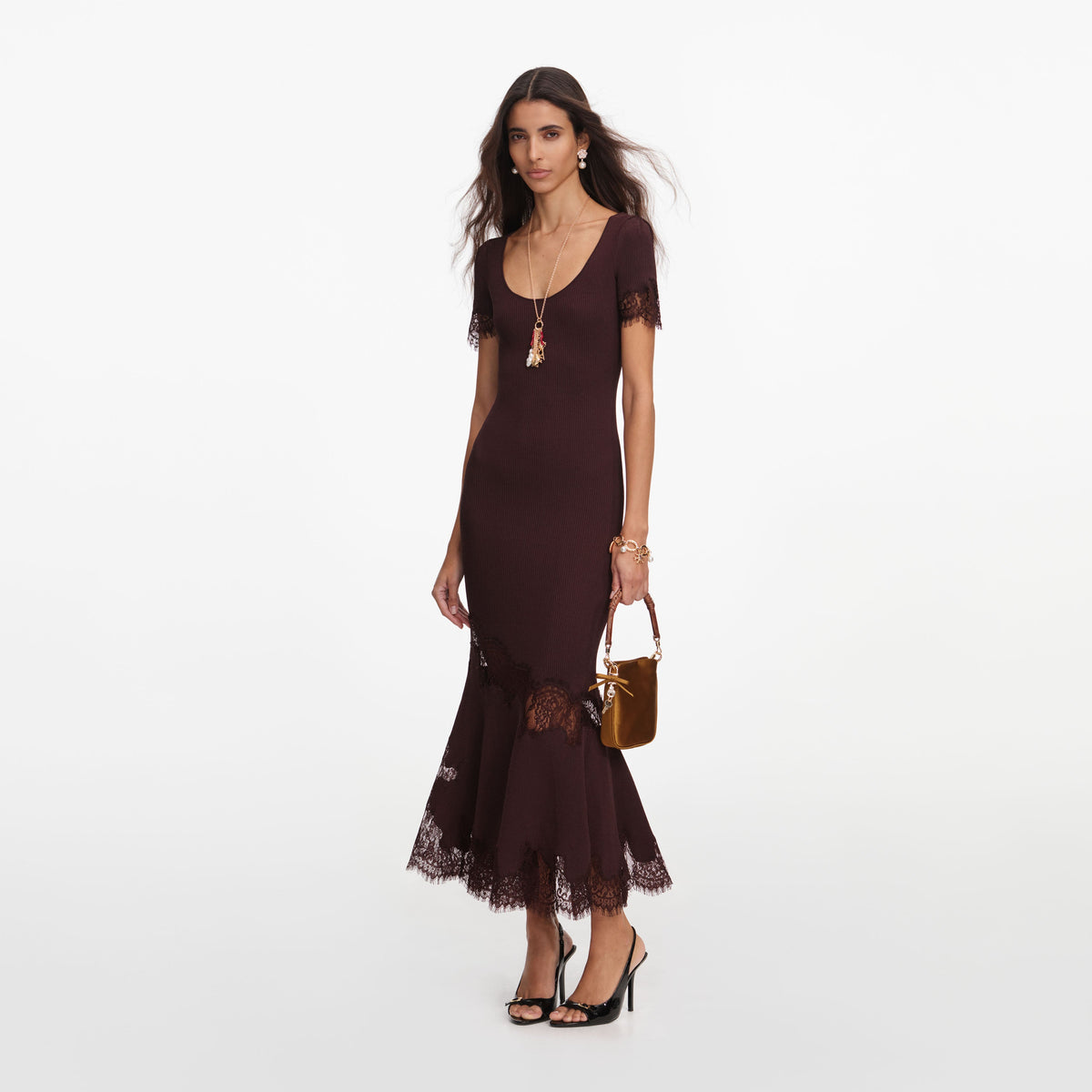 self portrait ribbed knit dress Self-Portrait - Brown Midi Ladies dresses