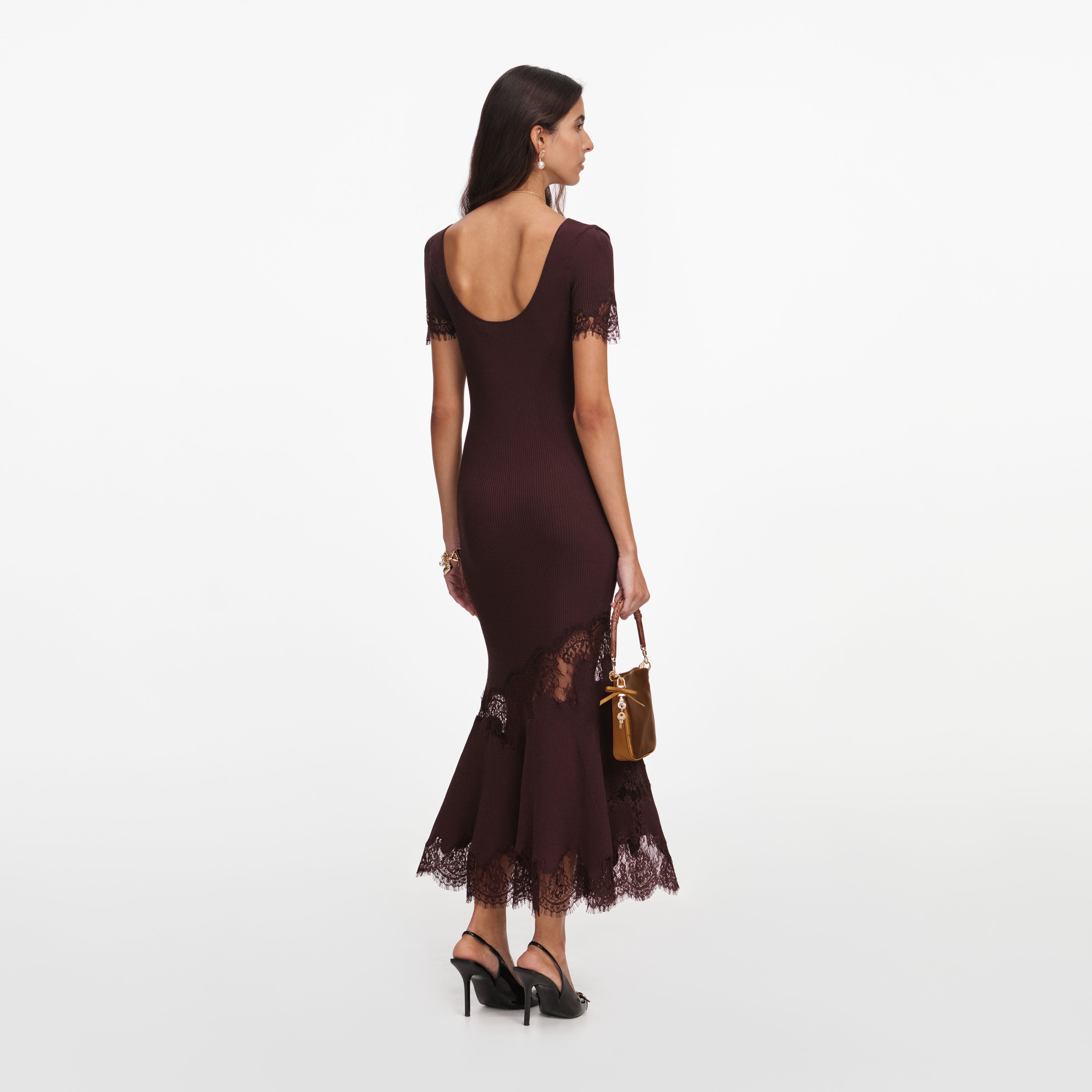 Burgundy Knit Lace Insert Midi Dress – self-portrait-US