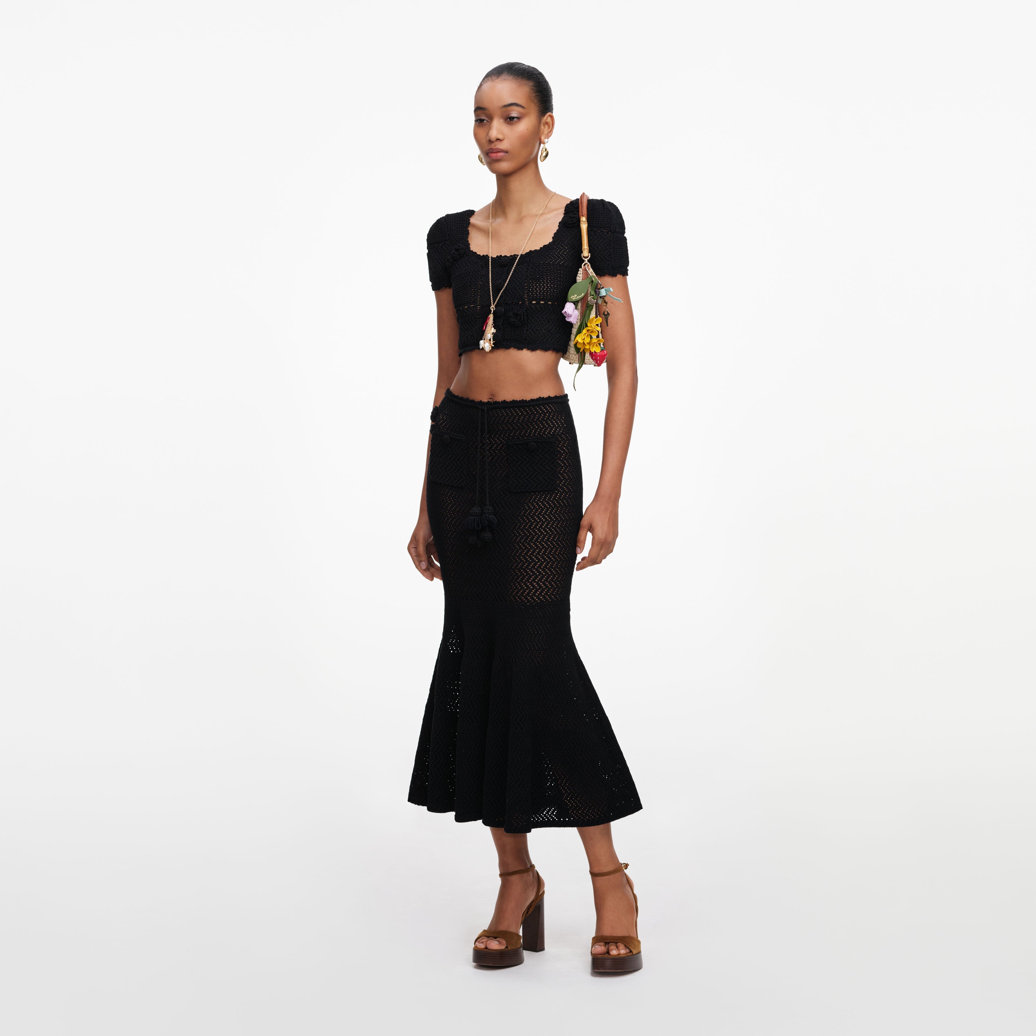 Black Crochet Knit Midi Skirt