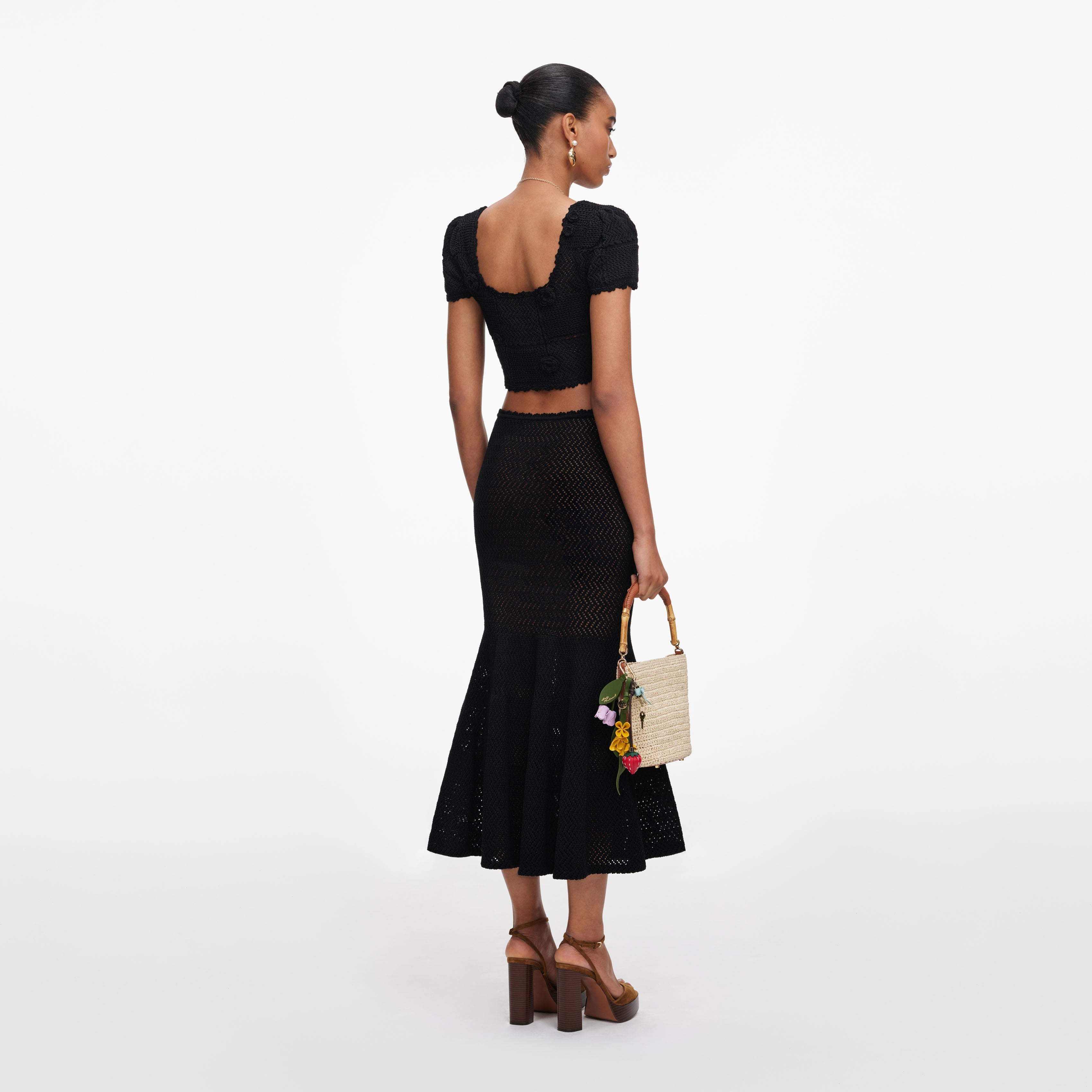 Black Crochet Knit Midi Skirt